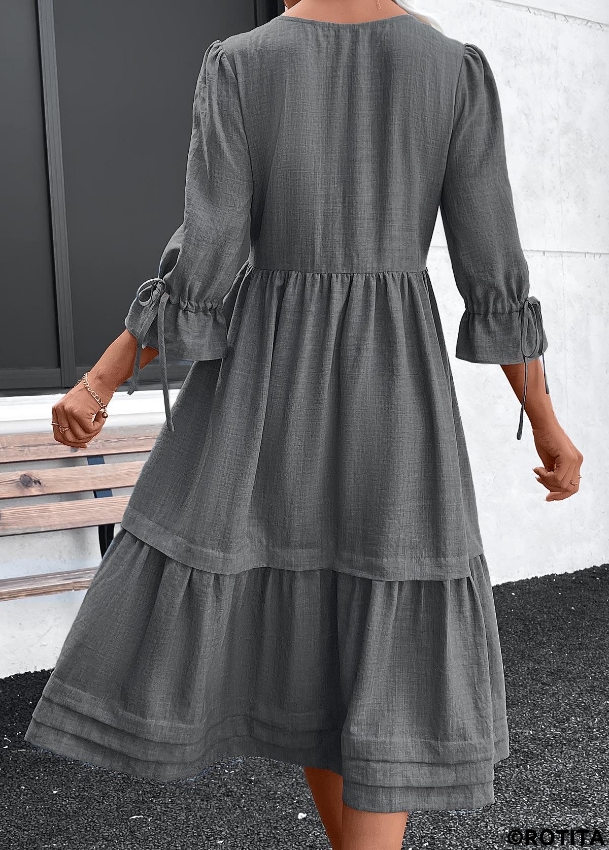 Dark Grey Marl dresses,Plain Color dresses,Everyday dresses,Casual dresses,ROTITA Button Dark Grey Marl A Line Round Neck Dress