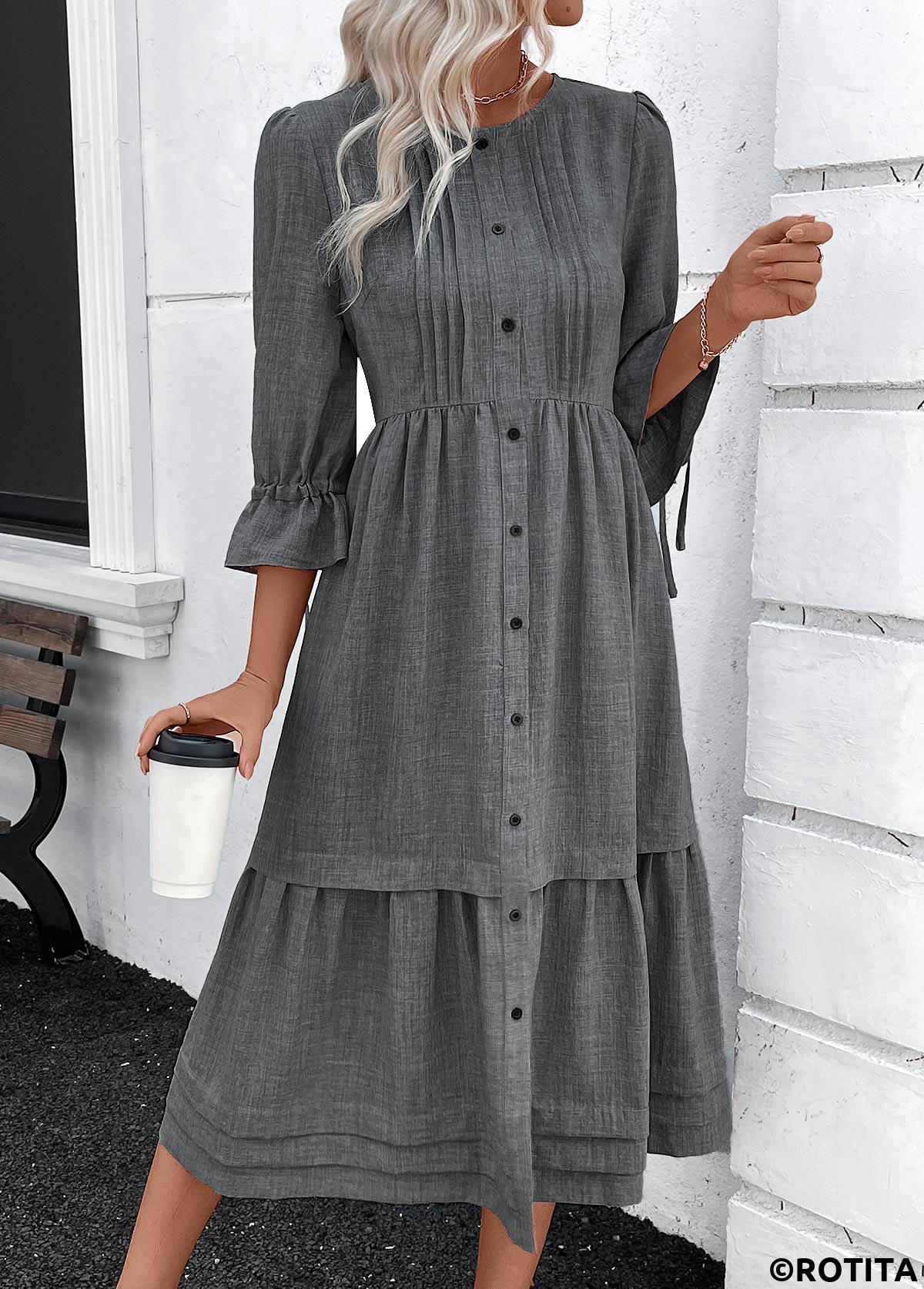 Dark Grey Marl dresses,Plain Color dresses,Everyday dresses,Casual dresses,ROTITA Button Dark Grey Marl A Line Round Neck Dress