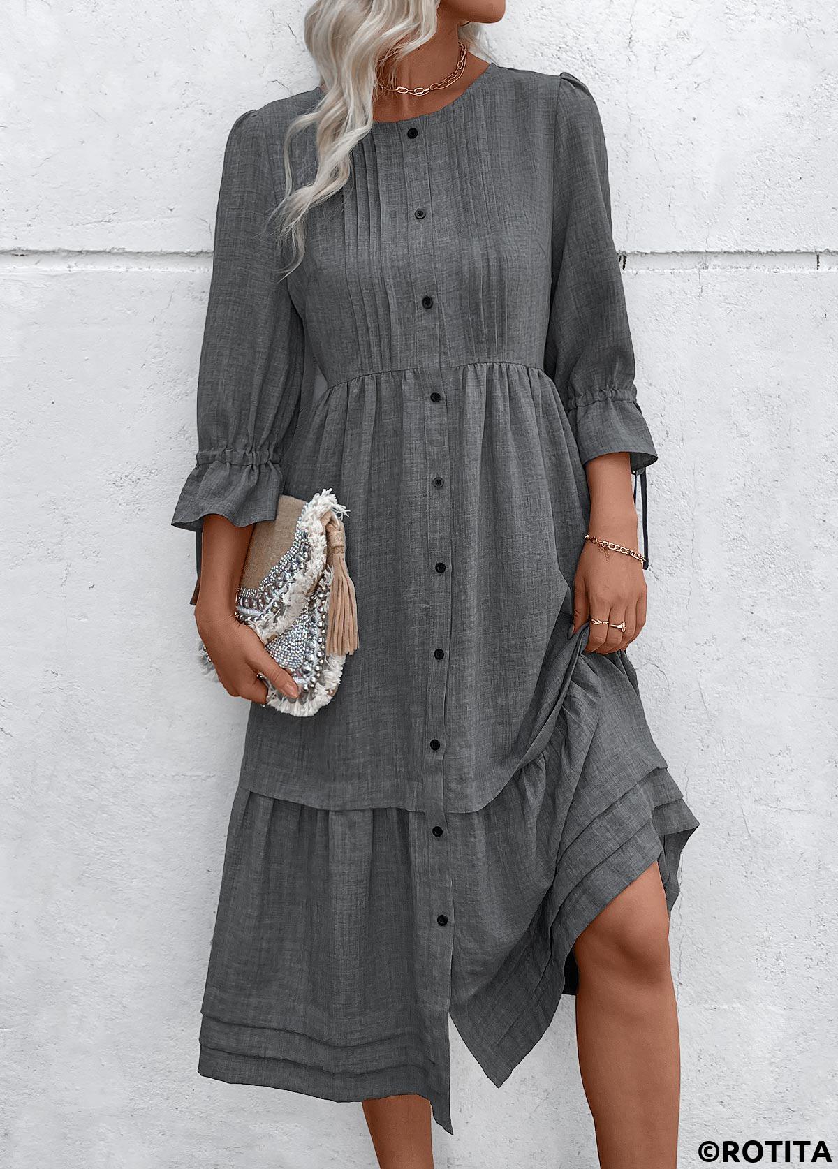 Dark Grey Marl dresses,Plain Color dresses,Everyday dresses,Casual dresses,ROTITA Button Dark Grey Marl A Line Round Neck Dress