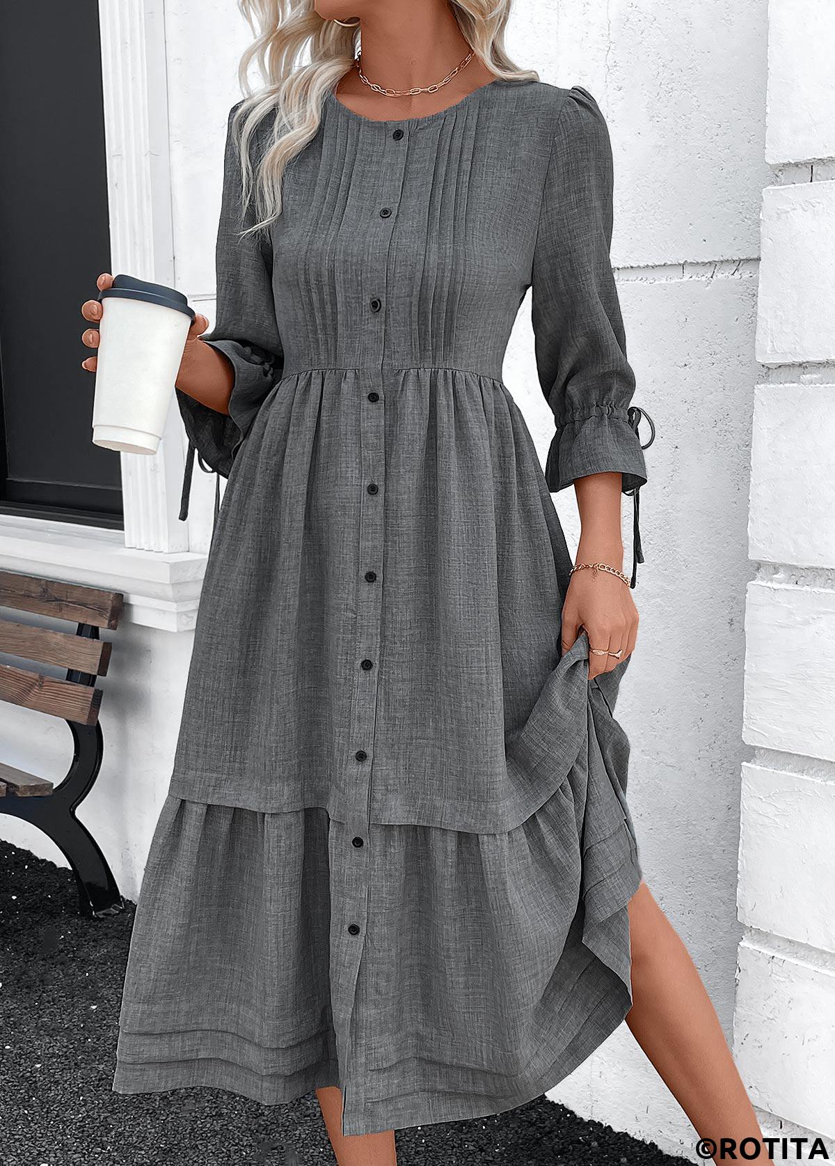 Dark Grey Marl dresses,Plain Color dresses,Everyday dresses,Casual dresses,ROTITA Button Dark Grey Marl A Line Round Neck Dress