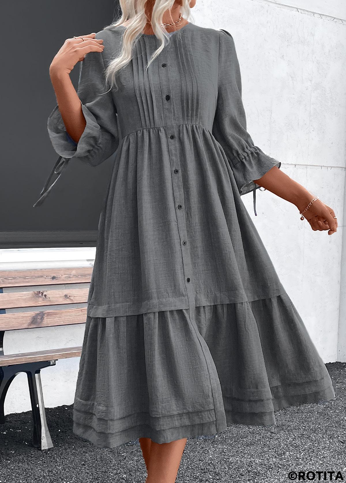 Dark Grey Marl dresses,Plain Color dresses,Everyday dresses,Casual dresses,ROTITA Button Dark Grey Marl A Line Round Neck Dress