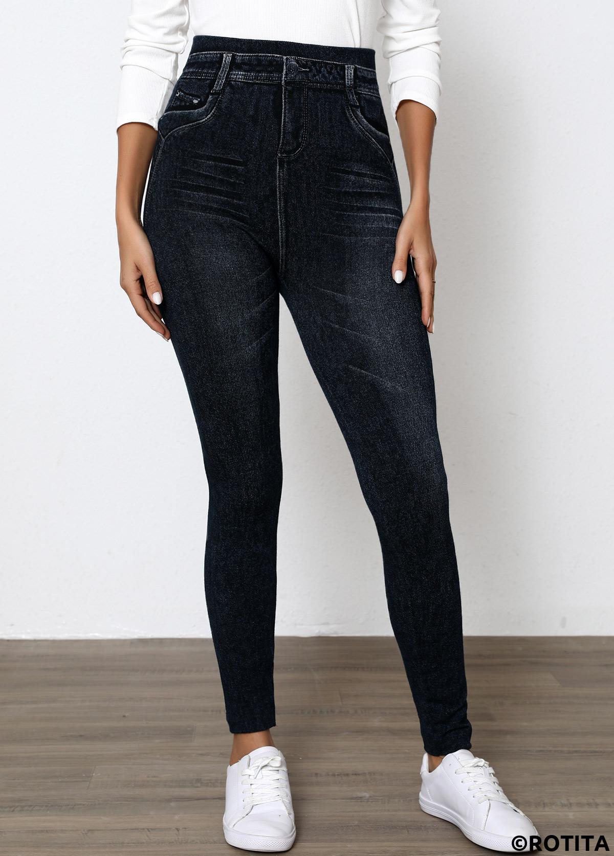 Black bottoms,Denim-Effect Print bottoms,Denim-effect Print Black High Waisted Elastic Waist Leggings