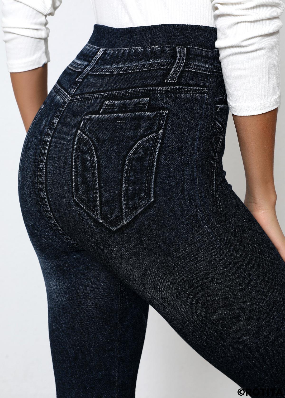 Black bottoms,Denim-Effect Print bottoms,Denim-effect Print Black High Waisted Elastic Waist Leggings