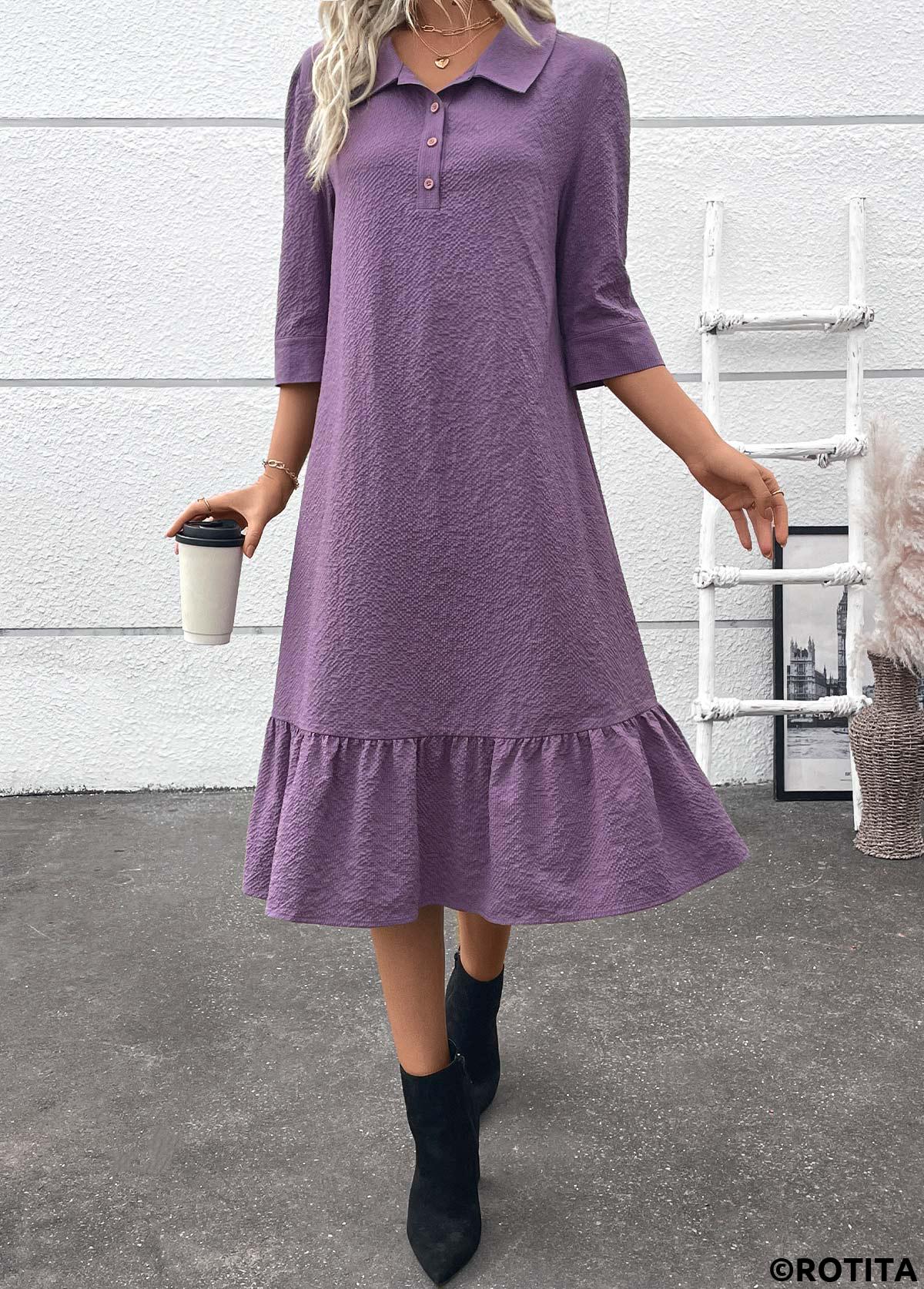 robe chemise trapèze à ceinture et boutons Rotita violet poudré