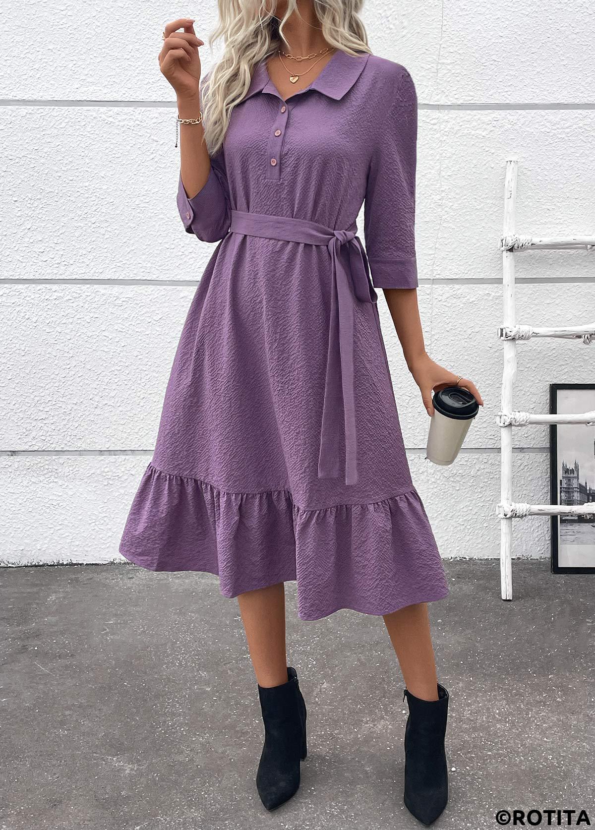 robe chemise trapèze à ceinture et boutons Rotita violet poudré