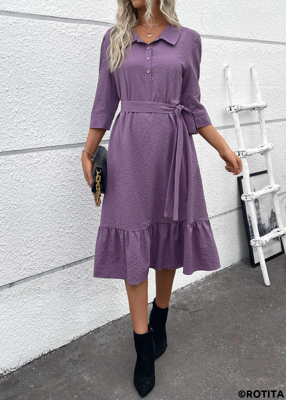 robe chemise trapèze à ceinture et boutons Rotita violet poudré
