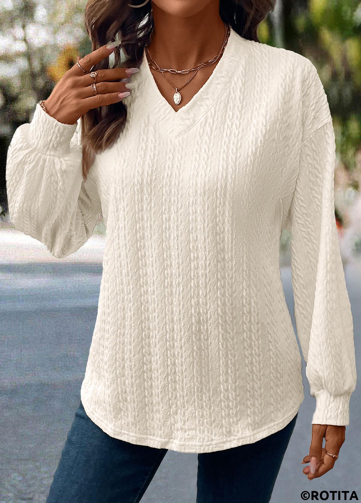Beige tops,Plain Color tops,ROTITA Jacquard Beige V Neck Long Sleeve T Shirt