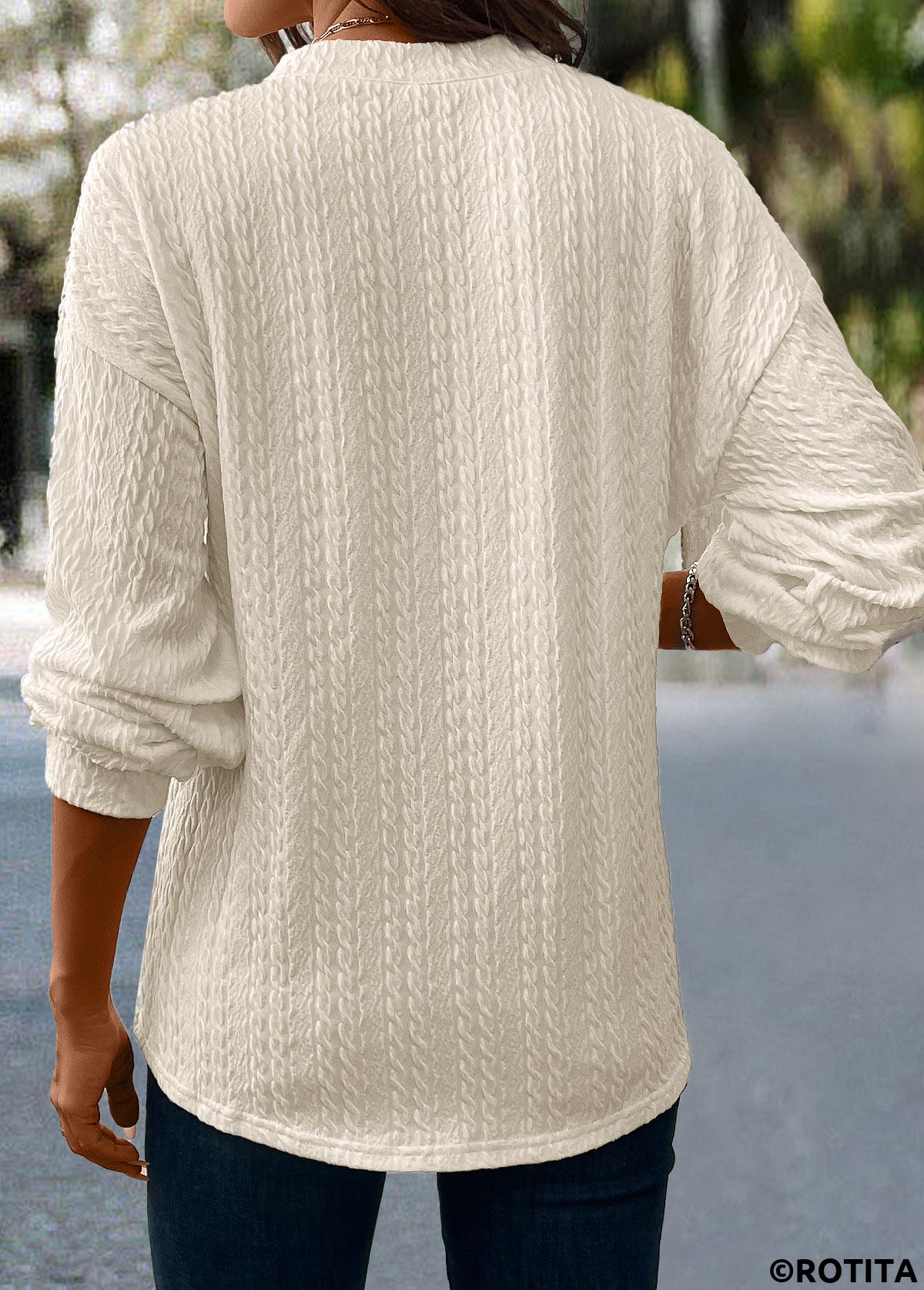 Beige tops,Plain Color tops,ROTITA Jacquard Beige V Neck Long Sleeve T Shirt