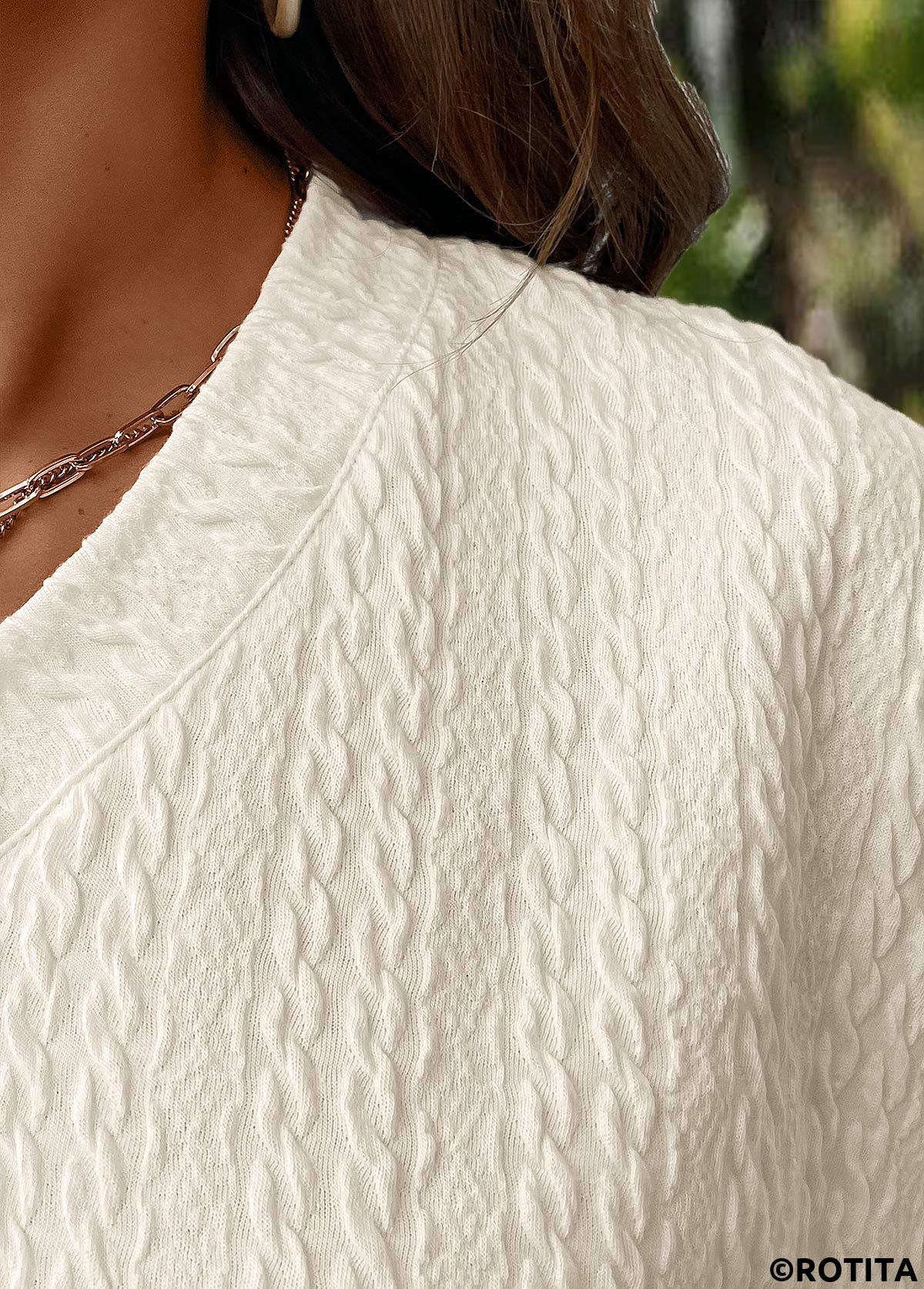 Beige tops,Plain Color tops,ROTITA Jacquard Beige V Neck Long Sleeve T Shirt
