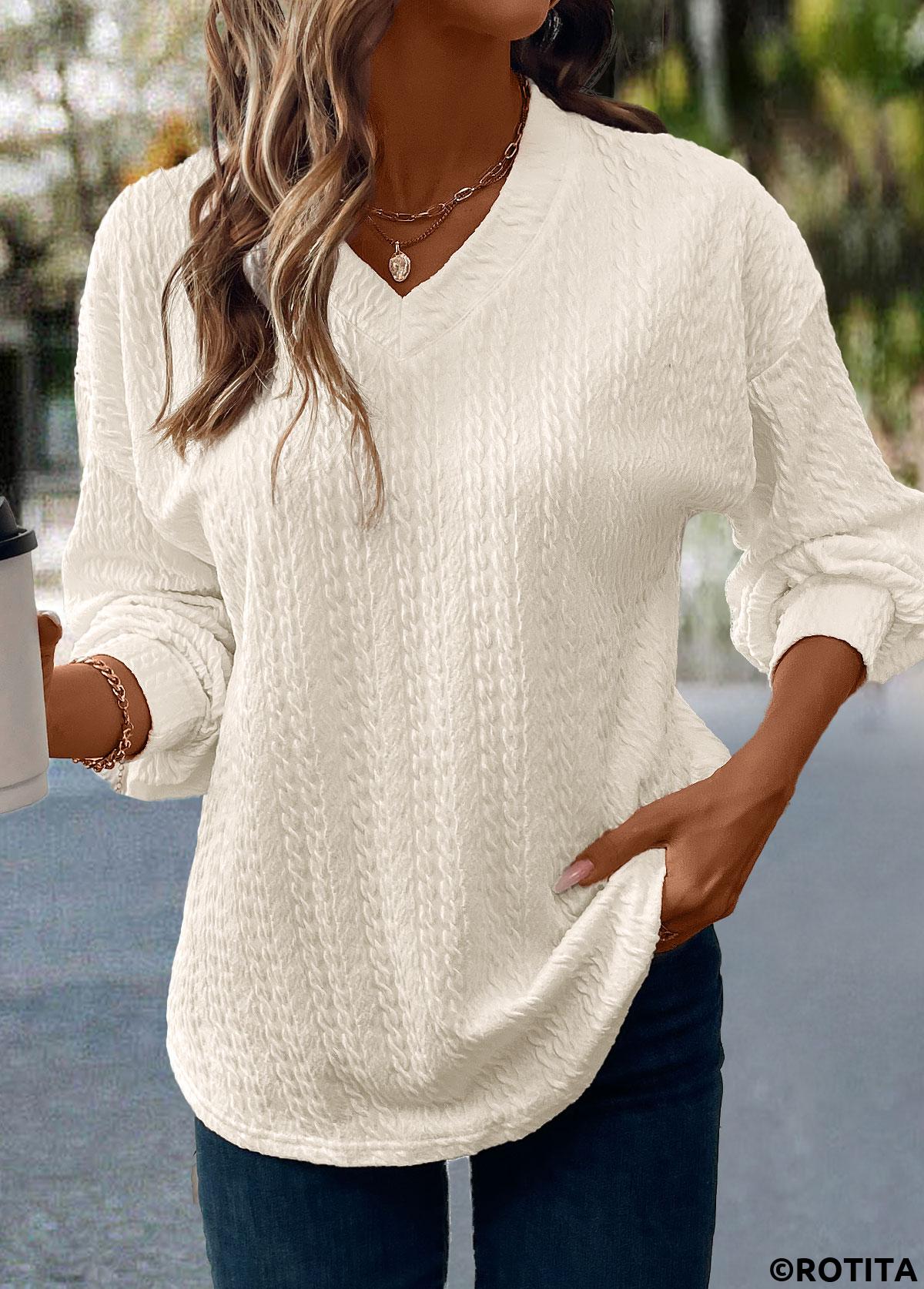 Beige tops,Plain Color tops,ROTITA Jacquard Beige V Neck Long Sleeve T Shirt