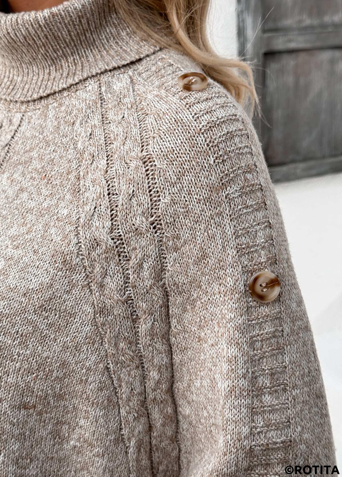 Light Camel tops,Plain Color tops,Button Light Camel High Neck Long Sleeve Sweater