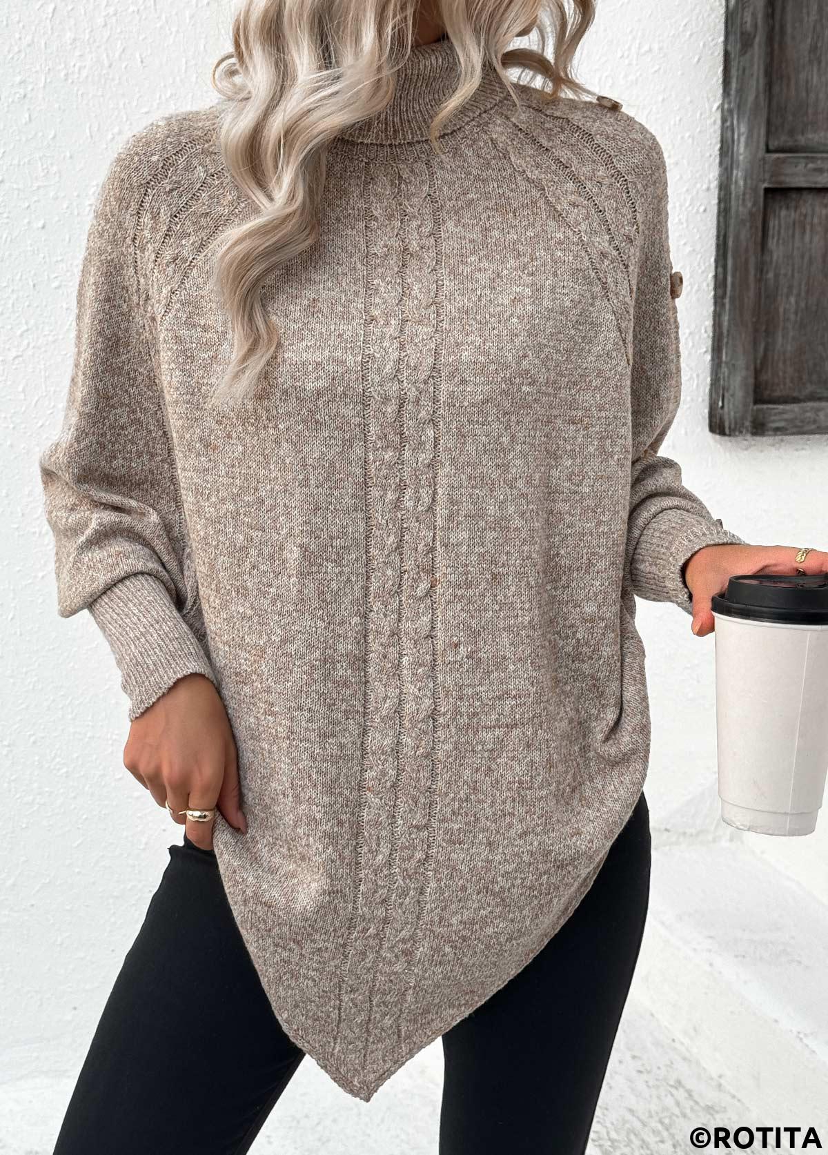 Light Camel tops,Plain Color tops,Button Light Camel High Neck Long Sleeve Sweater