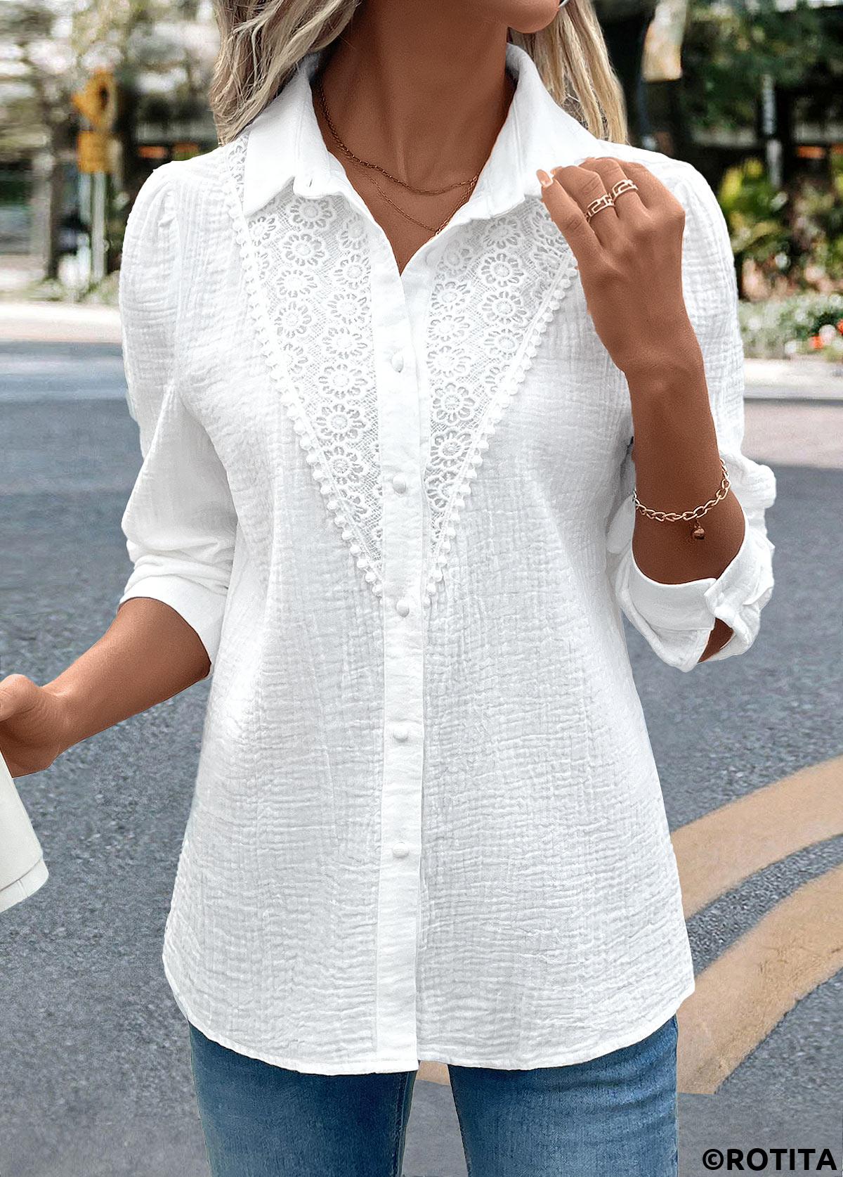 White tops,Plain Color tops,ROTITA Embroidery White Long Sleeve Tunic Shirt