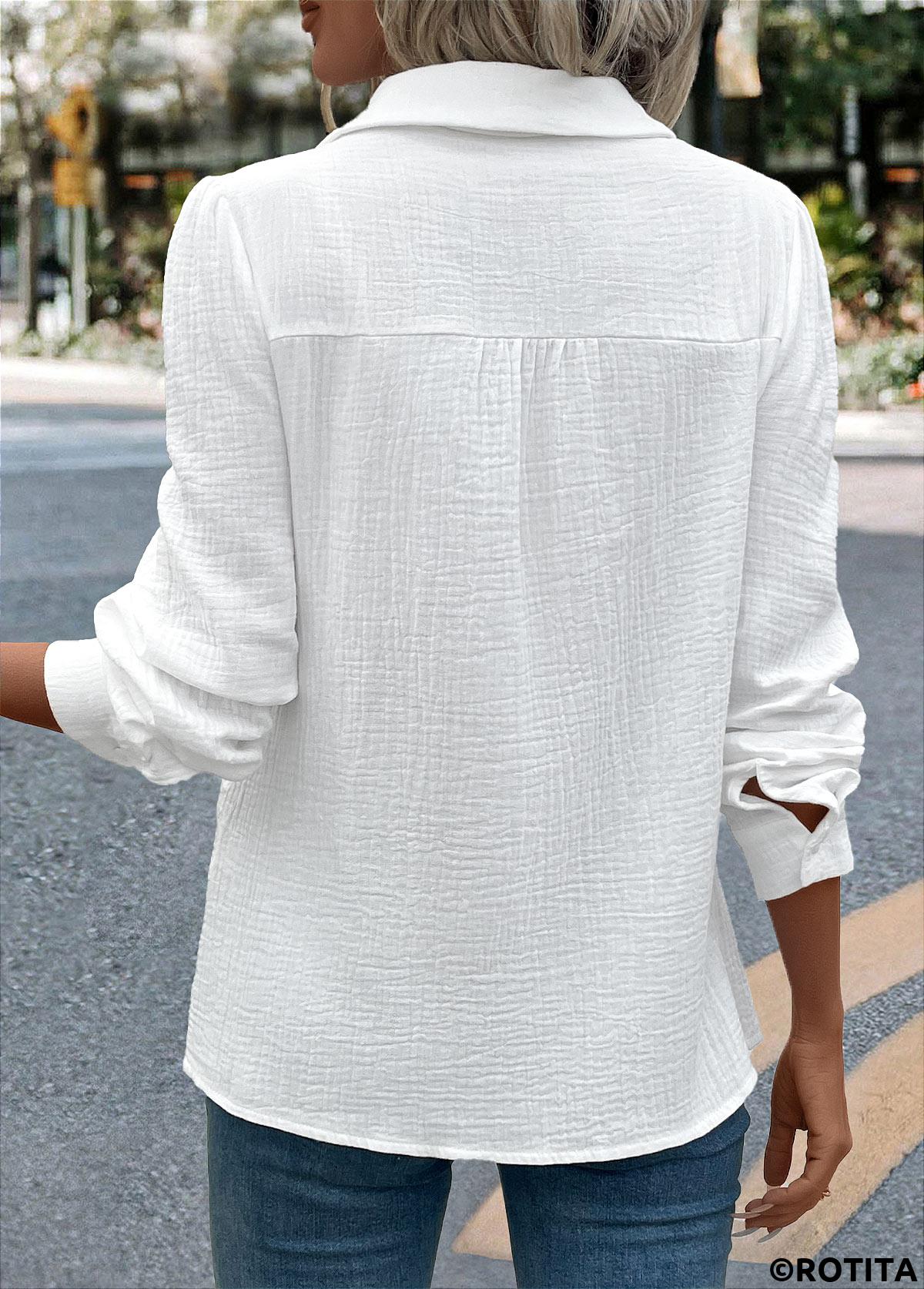White tops,Plain Color tops,ROTITA Embroidery White Long Sleeve Tunic Shirt