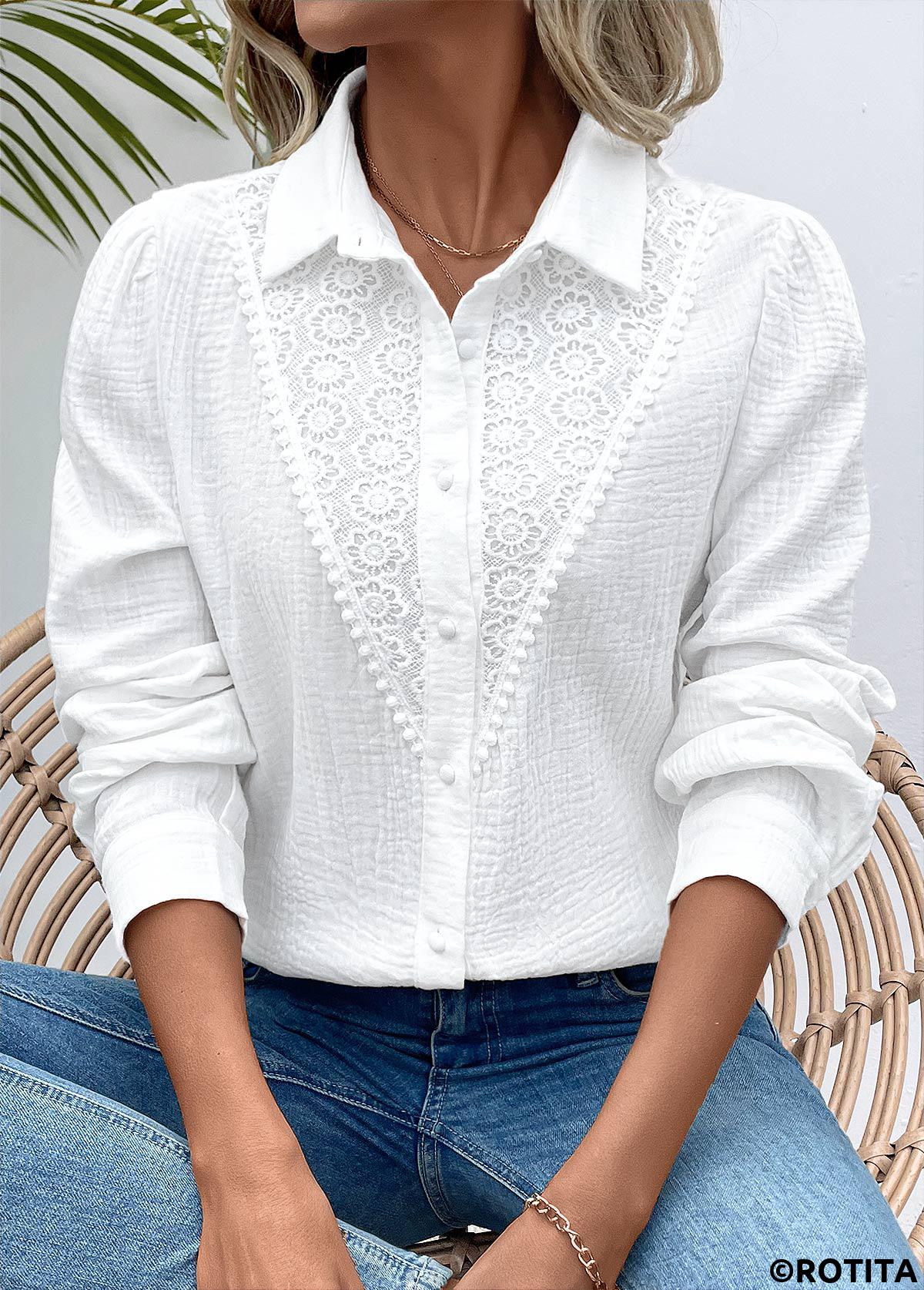 White tops,Plain Color tops,ROTITA Embroidery White Long Sleeve Tunic Shirt