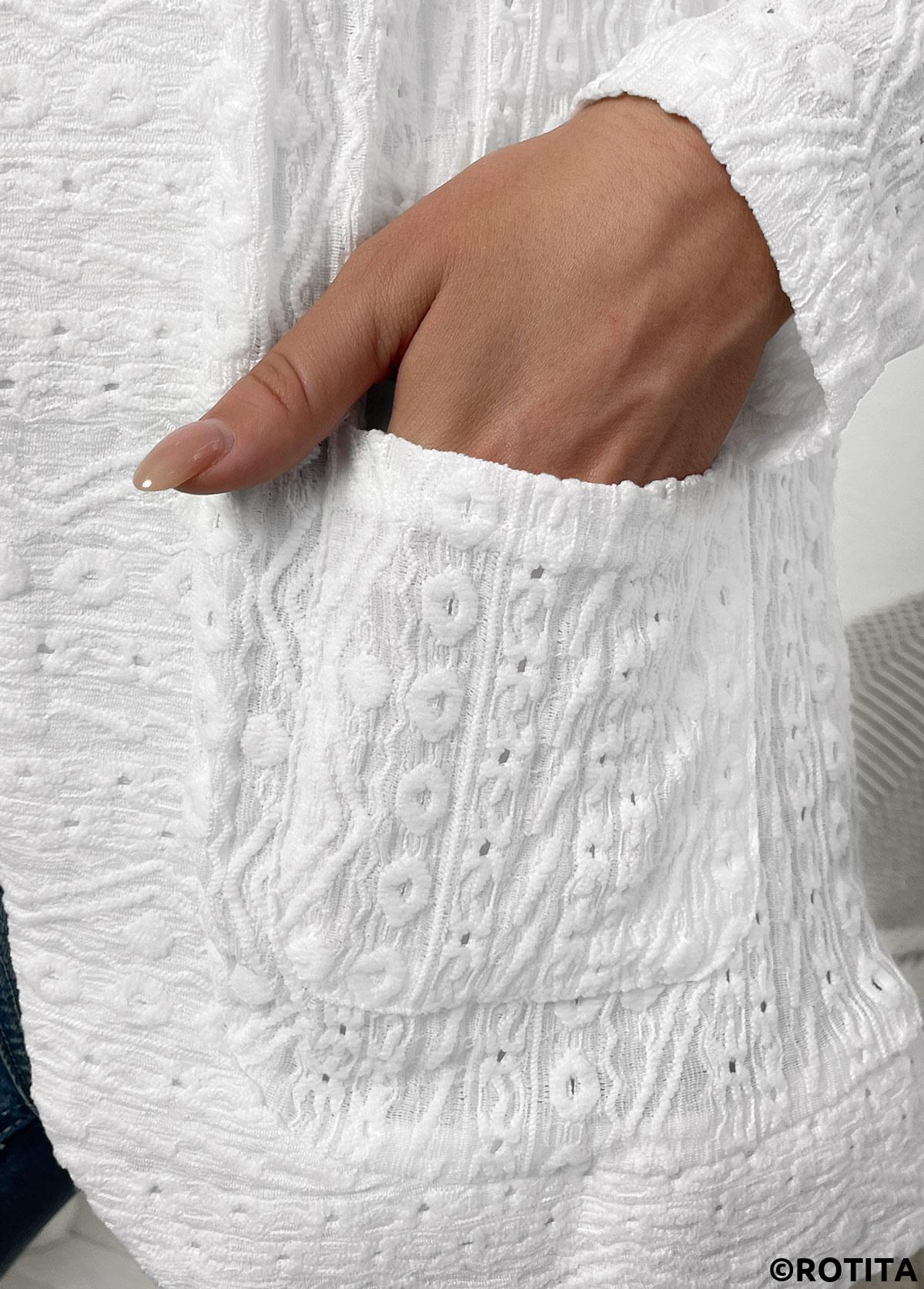 White tops,Plain Color tops,ROTITA Lace White Long Sleeve Pocket Coat