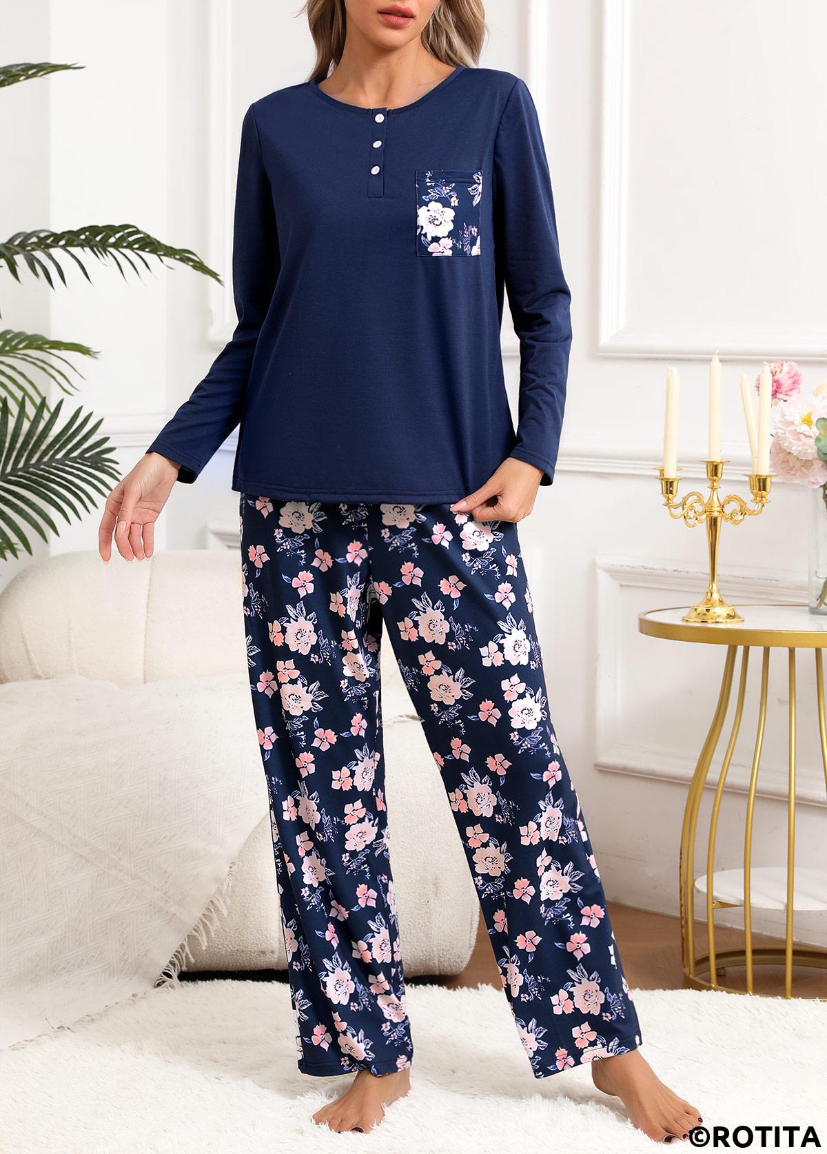 Navy loungewear,Floral loungewear,Plants loungewear,Floral Print Navy Round Neck Lounge Top and Pants