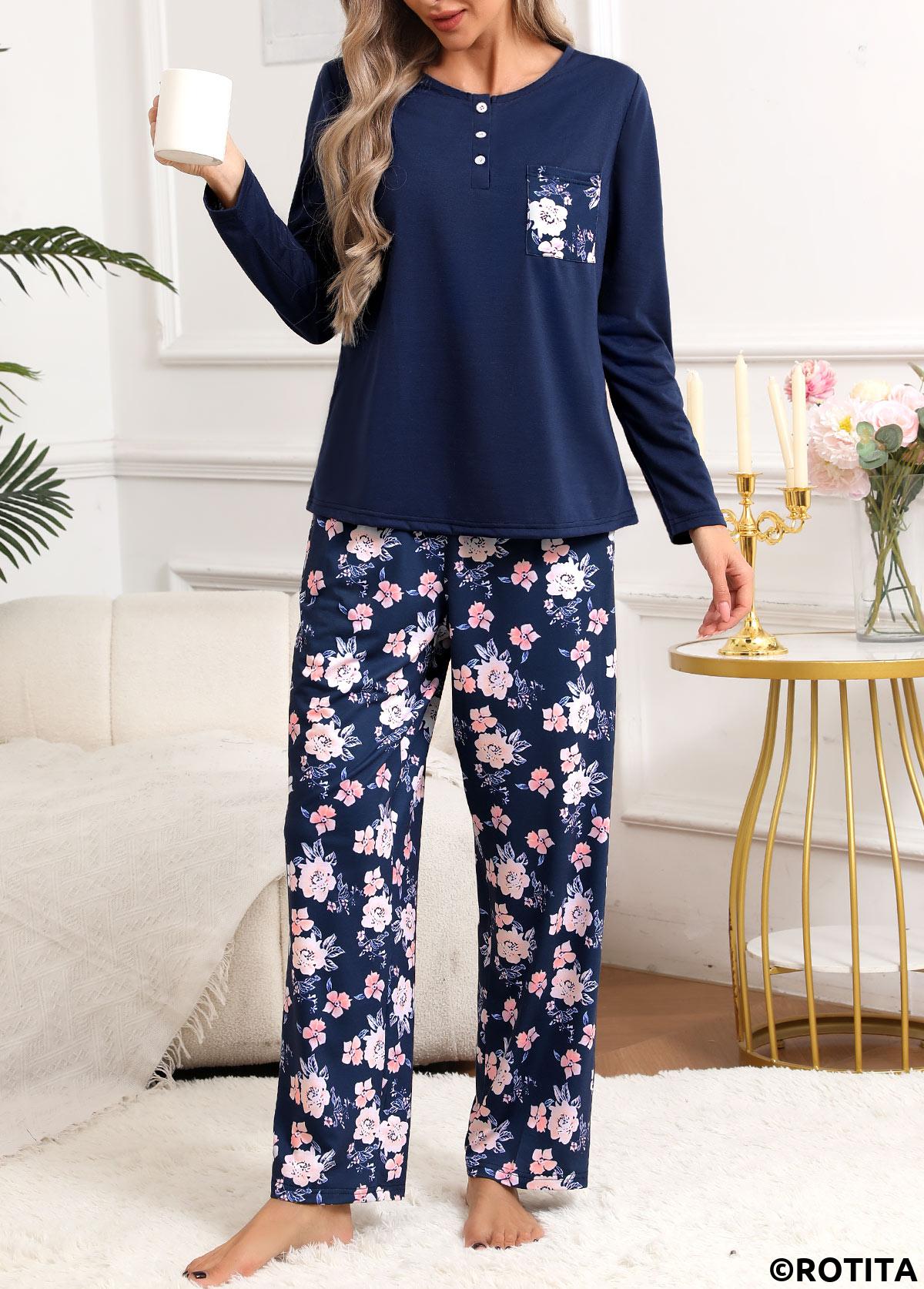 Navy loungewear,Floral loungewear,Plants loungewear,Floral Print Navy Round Neck Lounge Top and Pants