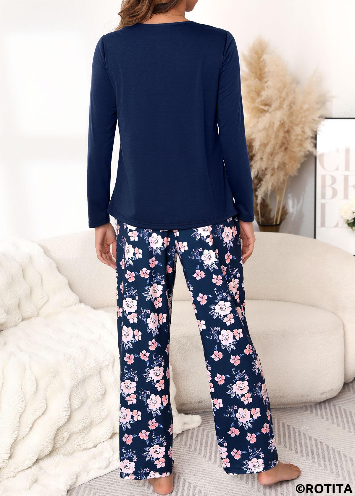 Navy loungewear,Floral loungewear,Plants loungewear,Floral Print Navy Round Neck Lounge Top and Pants