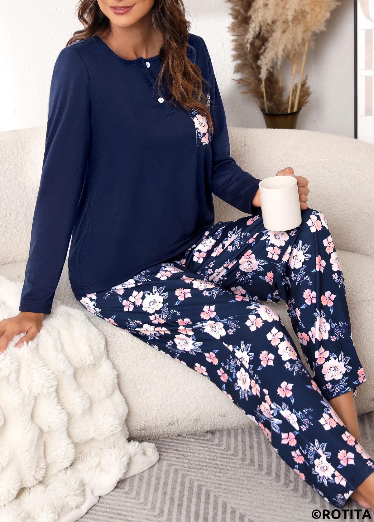 Navy loungewear,Floral loungewear,Plants loungewear,Floral Print Navy Round Neck Lounge Top and Pants