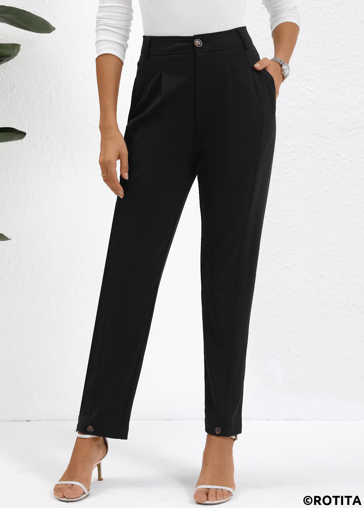Black bottoms,Plain Color bottoms,Button Black High Waisted Ankle-length Pants