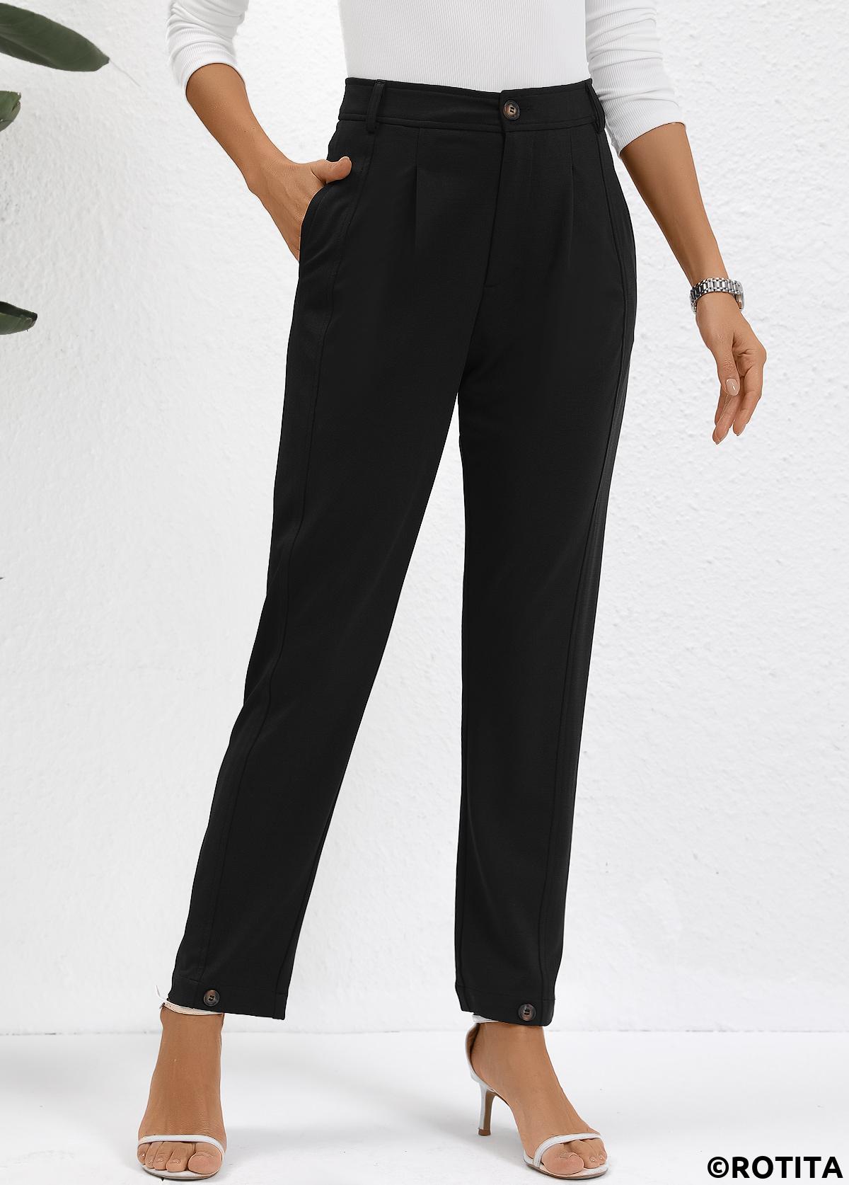Black bottoms,Plain Color bottoms,Button Black High Waisted Ankle-length Pants