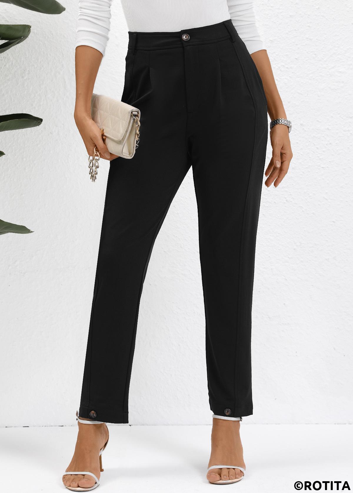 Black bottoms,Plain Color bottoms,Button Black High Waisted Ankle-length Pants
