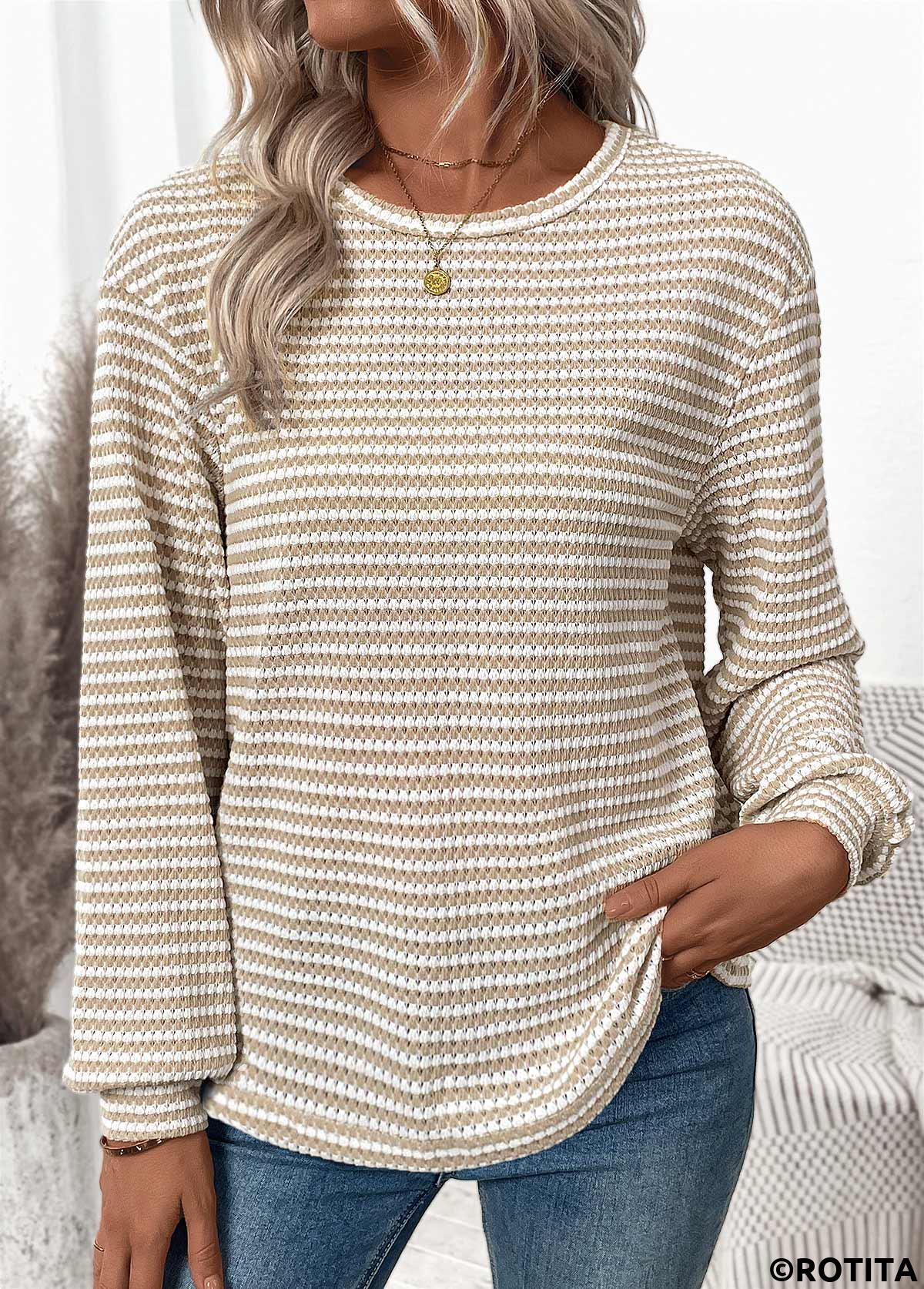 Light Coffee tops,Plain Color tops,ROTITA Jacquard Light Coffee Round Neck Long Sleeve T Shirt