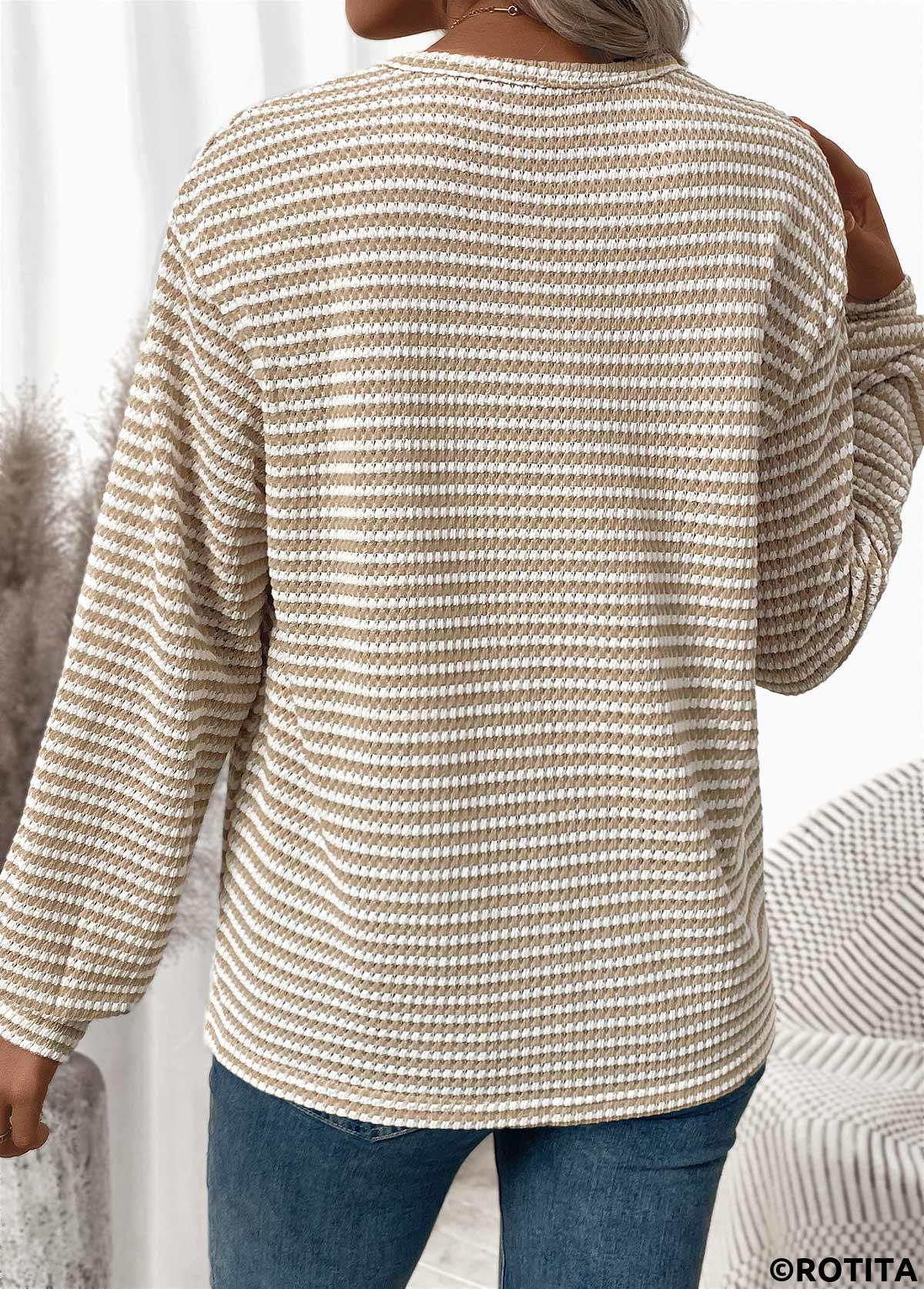 Light Coffee tops,Plain Color tops,ROTITA Jacquard Light Coffee Round Neck Long Sleeve T Shirt