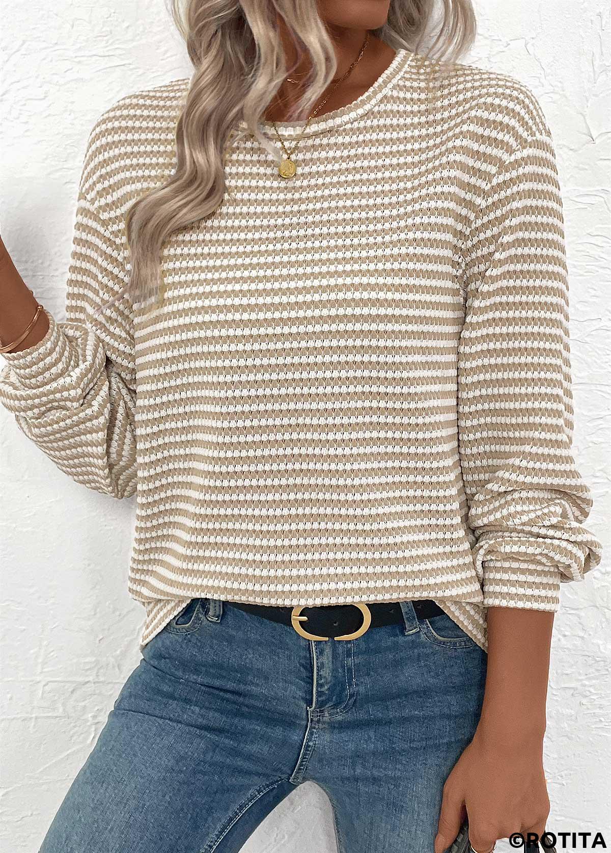 Light Coffee tops,Plain Color tops,ROTITA Jacquard Light Coffee Round Neck Long Sleeve T Shirt