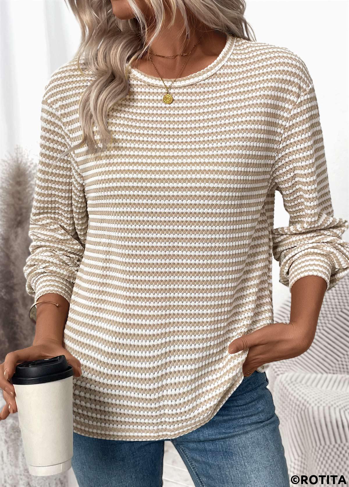 Light Coffee tops,Plain Color tops,ROTITA Jacquard Light Coffee Round Neck Long Sleeve T Shirt