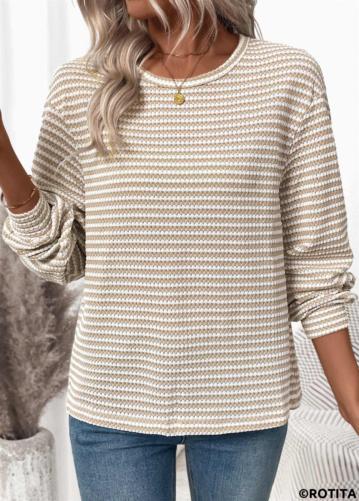 Light Coffee tops,Plain Color tops,ROTITA Jacquard Light Coffee Round Neck Long Sleeve T Shirt