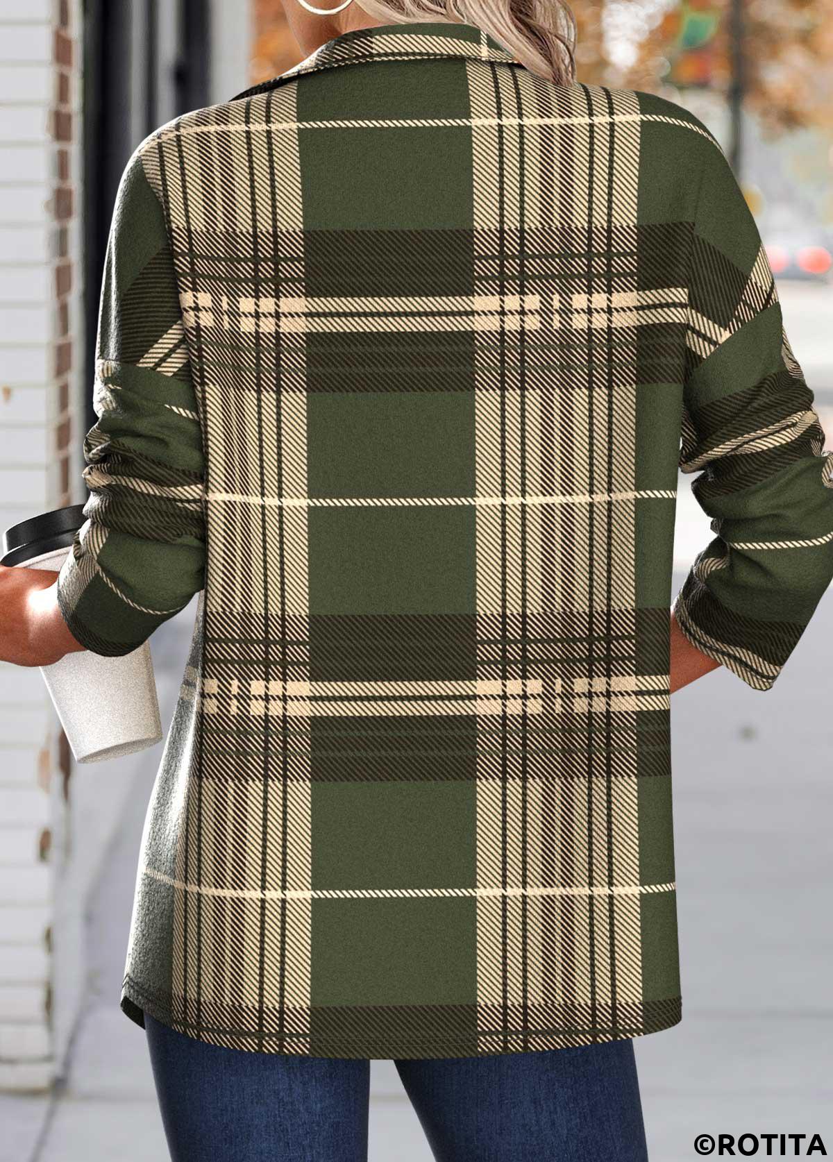 Green tops,Plaid tops,ROTITA Patchwork Plaid Green Turn Down Collar Long Sleeve Coat