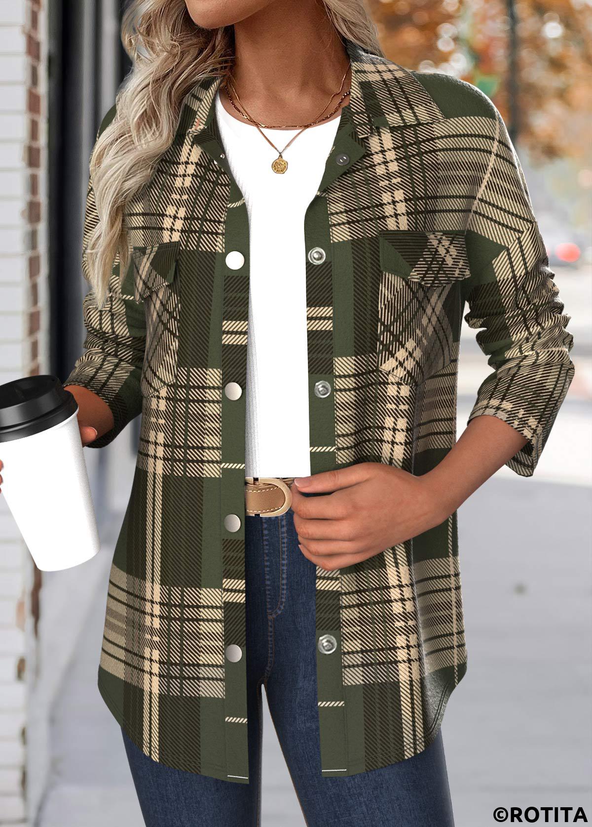 Green tops,Plaid tops,ROTITA Patchwork Plaid Green Turn Down Collar Long Sleeve Coat