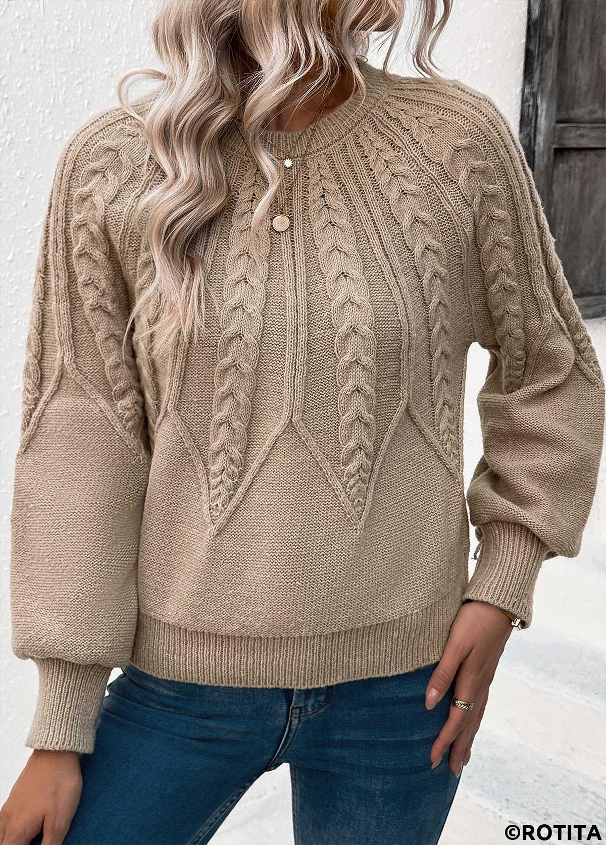 Light Camel tops,Plain Color tops,Light Camel Round Neck Long Sleeve Sweater