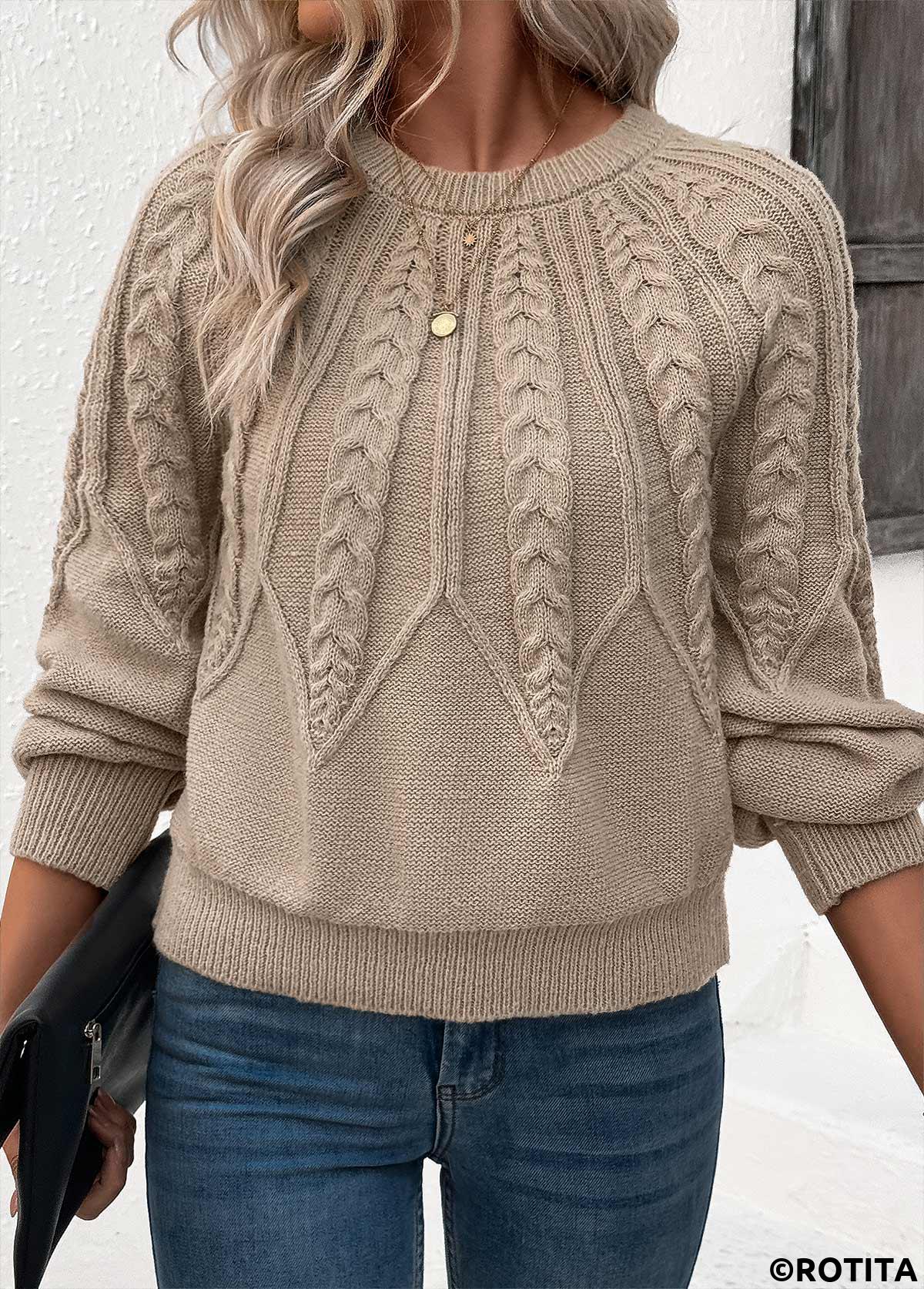 Light Camel tops,Plain Color tops,Light Camel Round Neck Long Sleeve Sweater