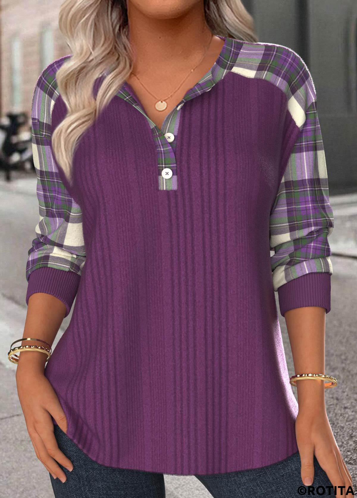 Purple tops,Plaid tops,ROTITA Button Plaid Purple Split Neck Long Sleeve Sweatshirt