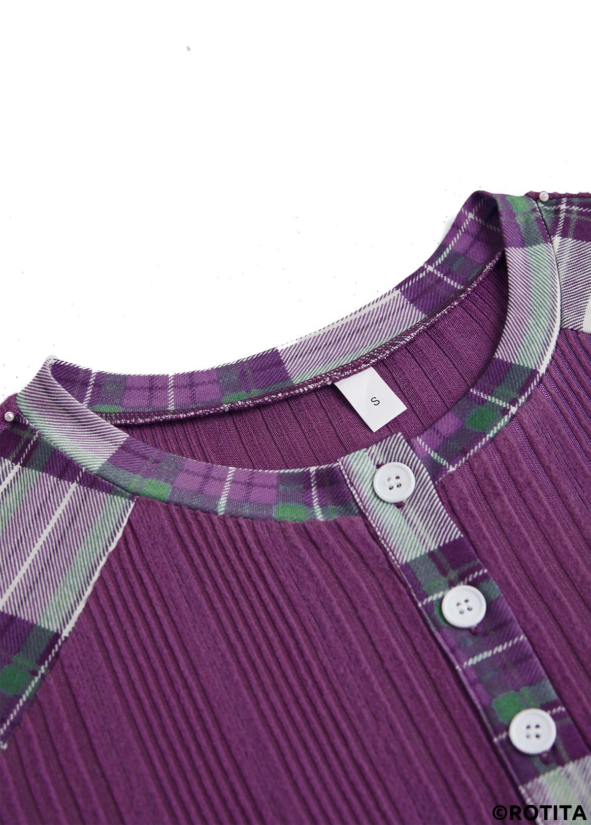 Purple tops,Plaid tops,ROTITA Button Plaid Purple Split Neck Long Sleeve Sweatshirt