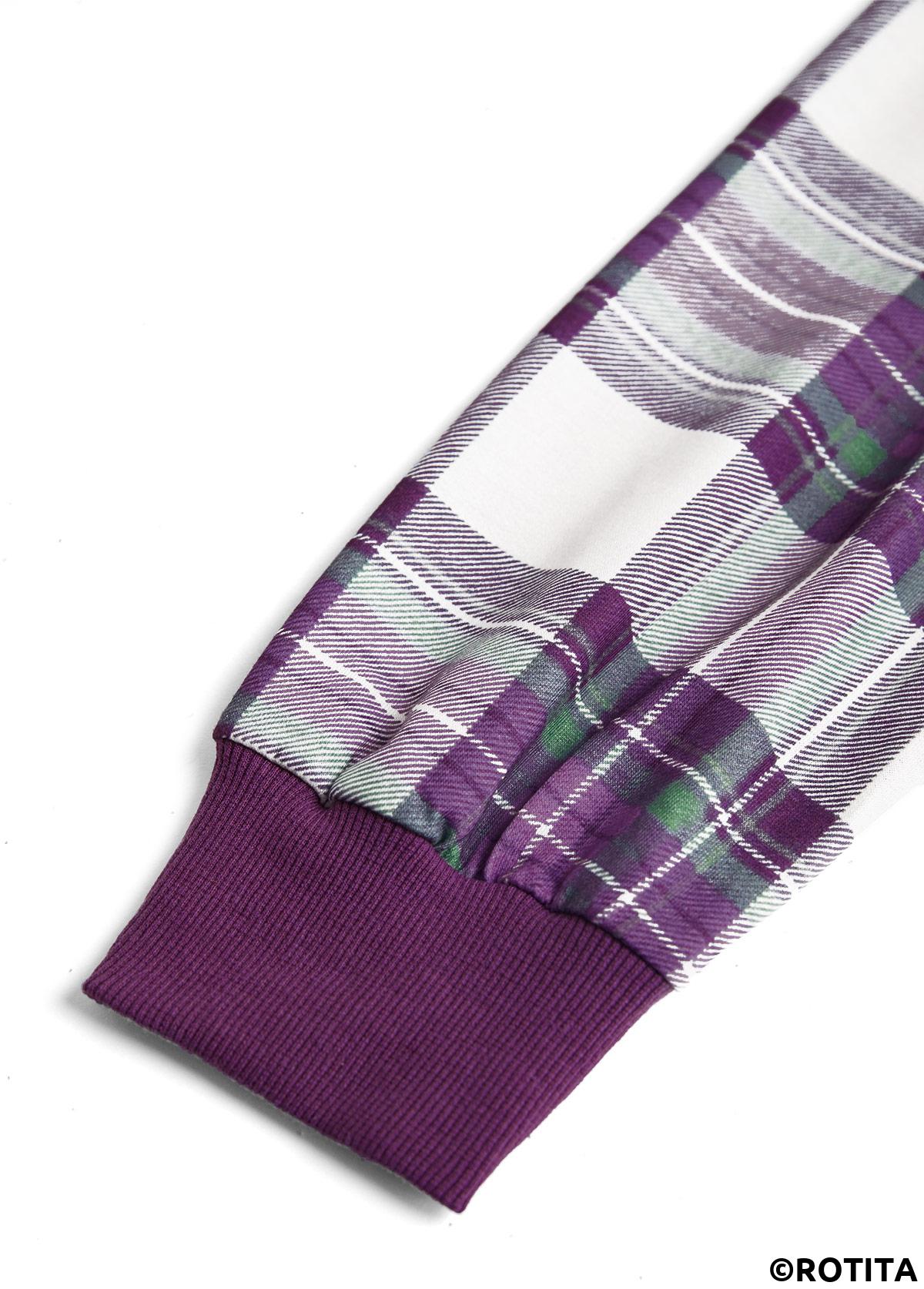 Purple tops,Plaid tops,ROTITA Button Plaid Purple Split Neck Long Sleeve Sweatshirt