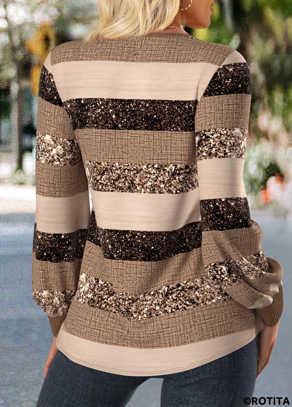 Light Coffee tops,Striped tops,Geometric tops,ROTITA Patchwork Striped Light Coffee V Neck T Shirt