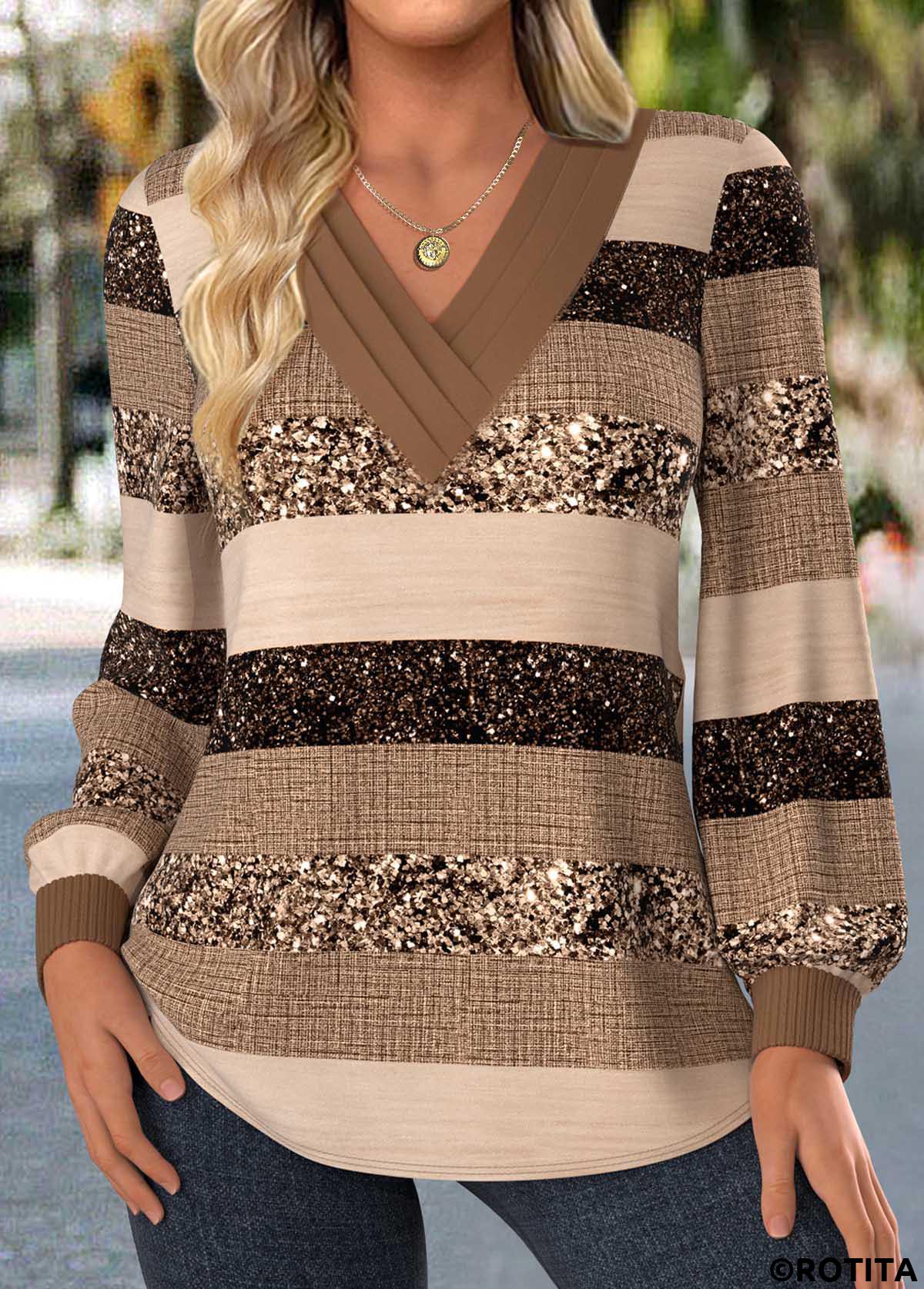 Light Coffee tops,Striped tops,Geometric tops,ROTITA Patchwork Striped Light Coffee V Neck T Shirt