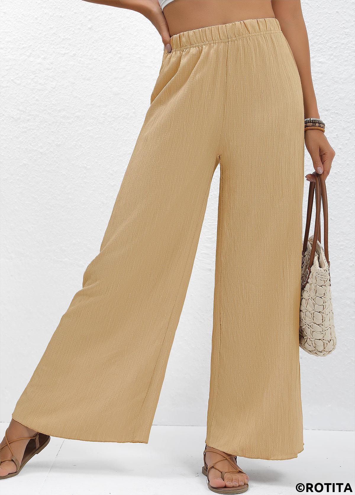 Light Camel bottoms,Plain Color bottoms,Wide Leg Elastic Waist Light Camel High Waisted Pants