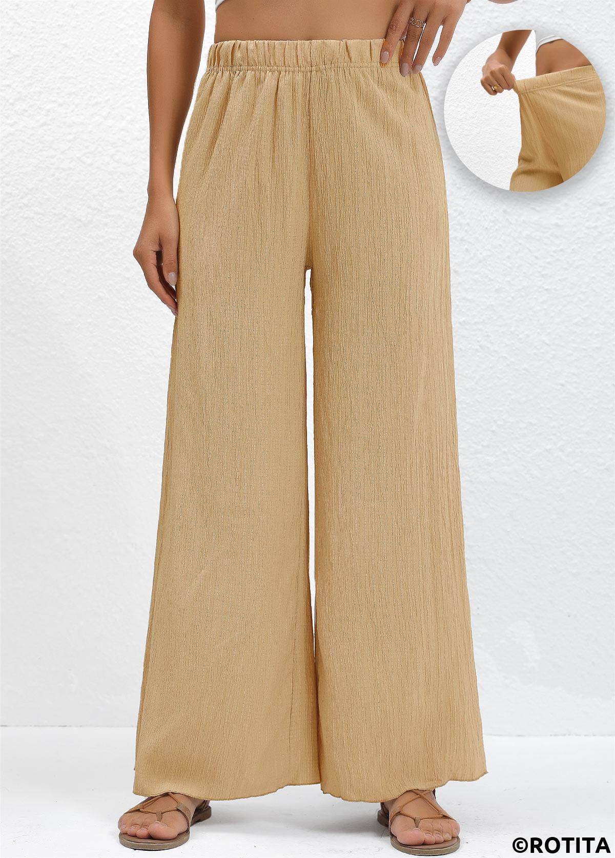Light Camel bottoms,Plain Color bottoms,Wide Leg Elastic Waist Light Camel High Waisted Pants