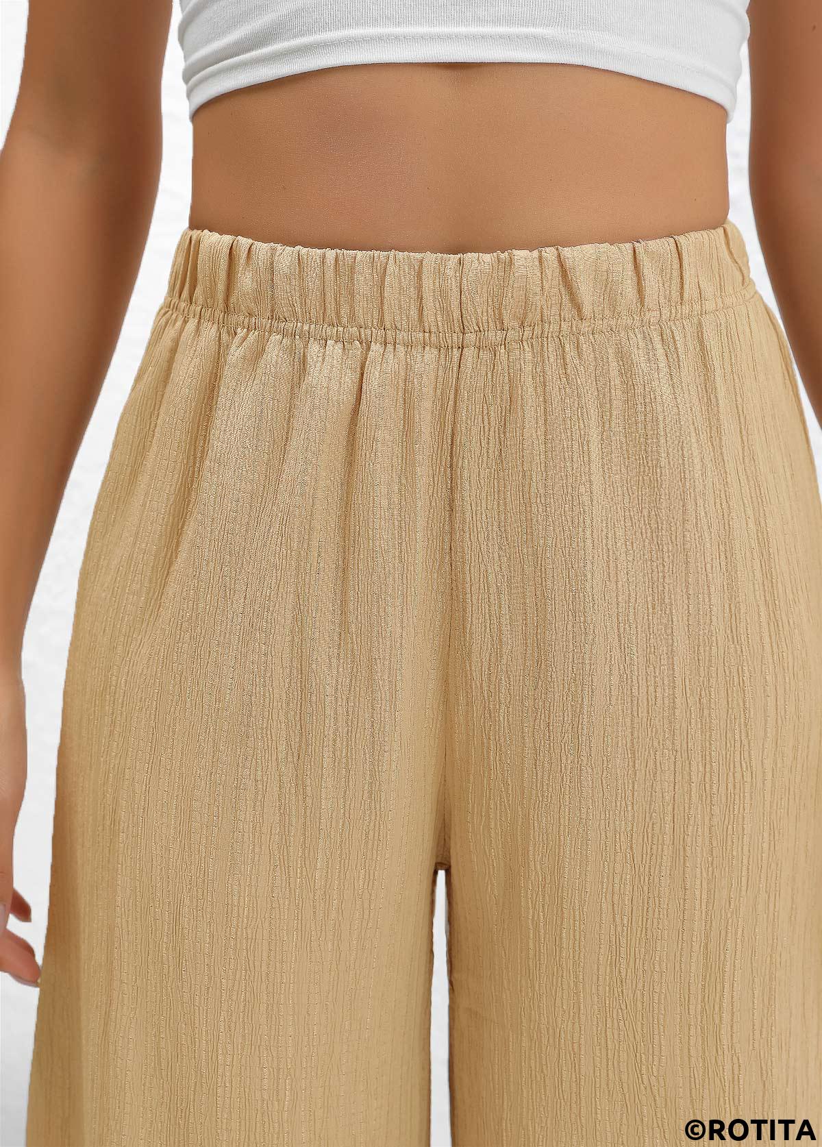 Light Camel bottoms,Plain Color bottoms,Wide Leg Elastic Waist Light Camel High Waisted Pants