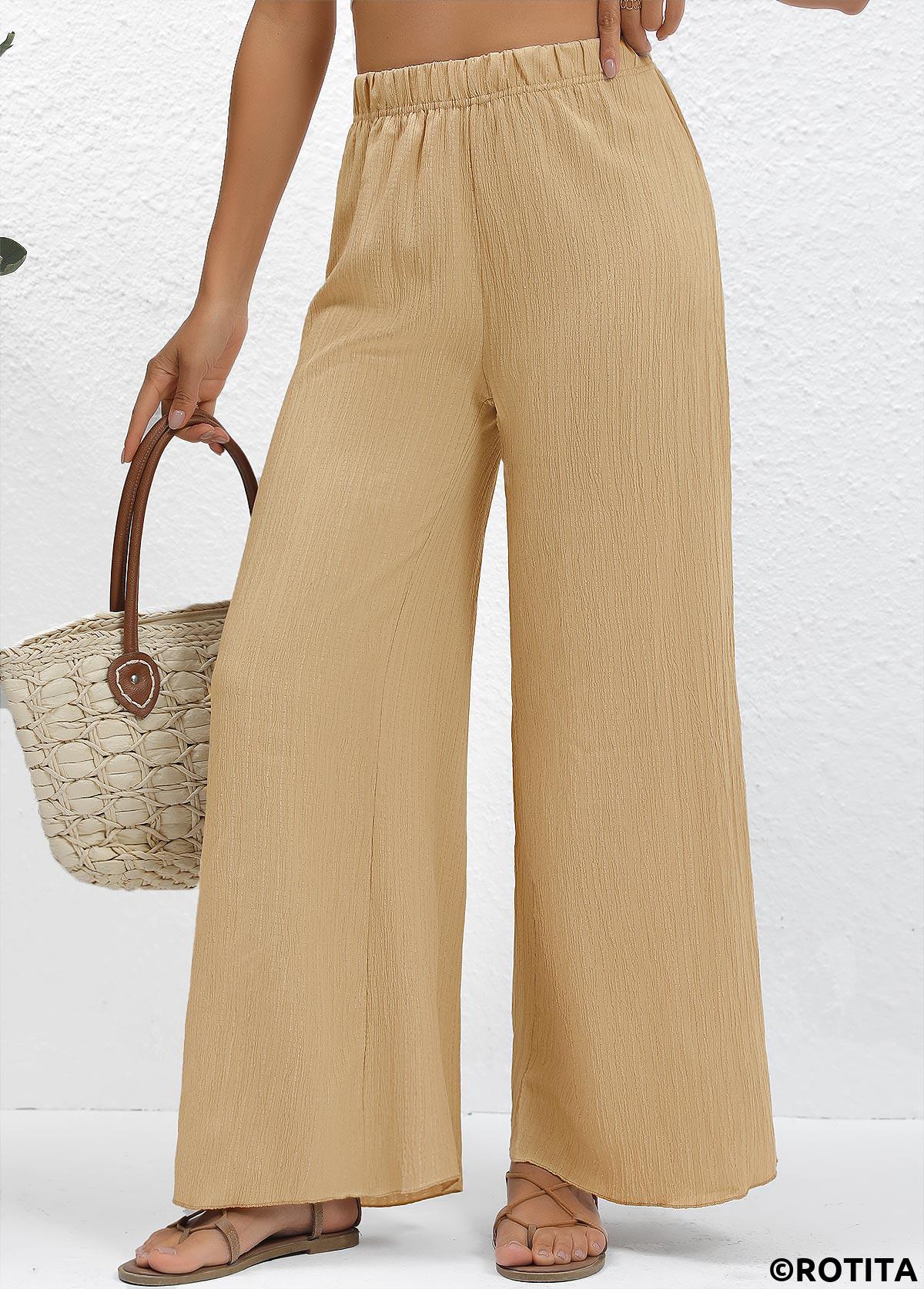 Light Camel bottoms,Plain Color bottoms,Wide Leg Elastic Waist Light Camel High Waisted Pants