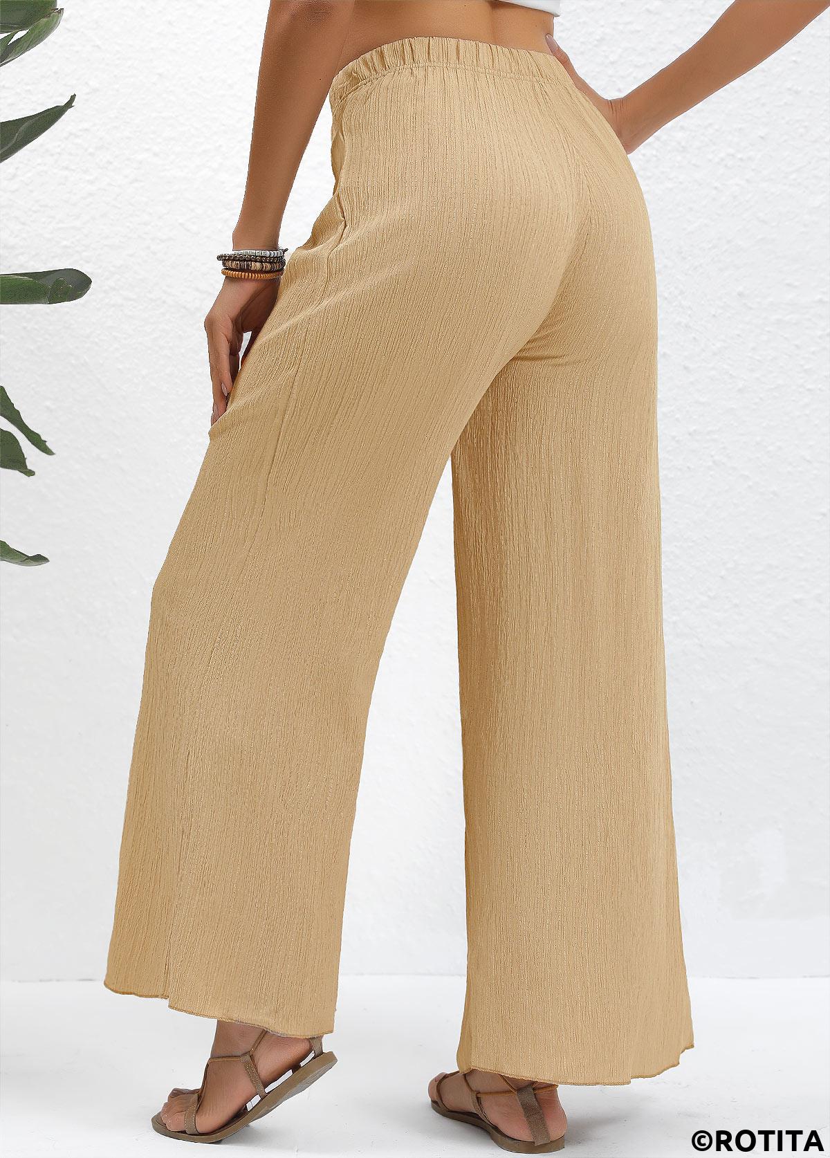Light Camel bottoms,Plain Color bottoms,Wide Leg Elastic Waist Light Camel High Waisted Pants