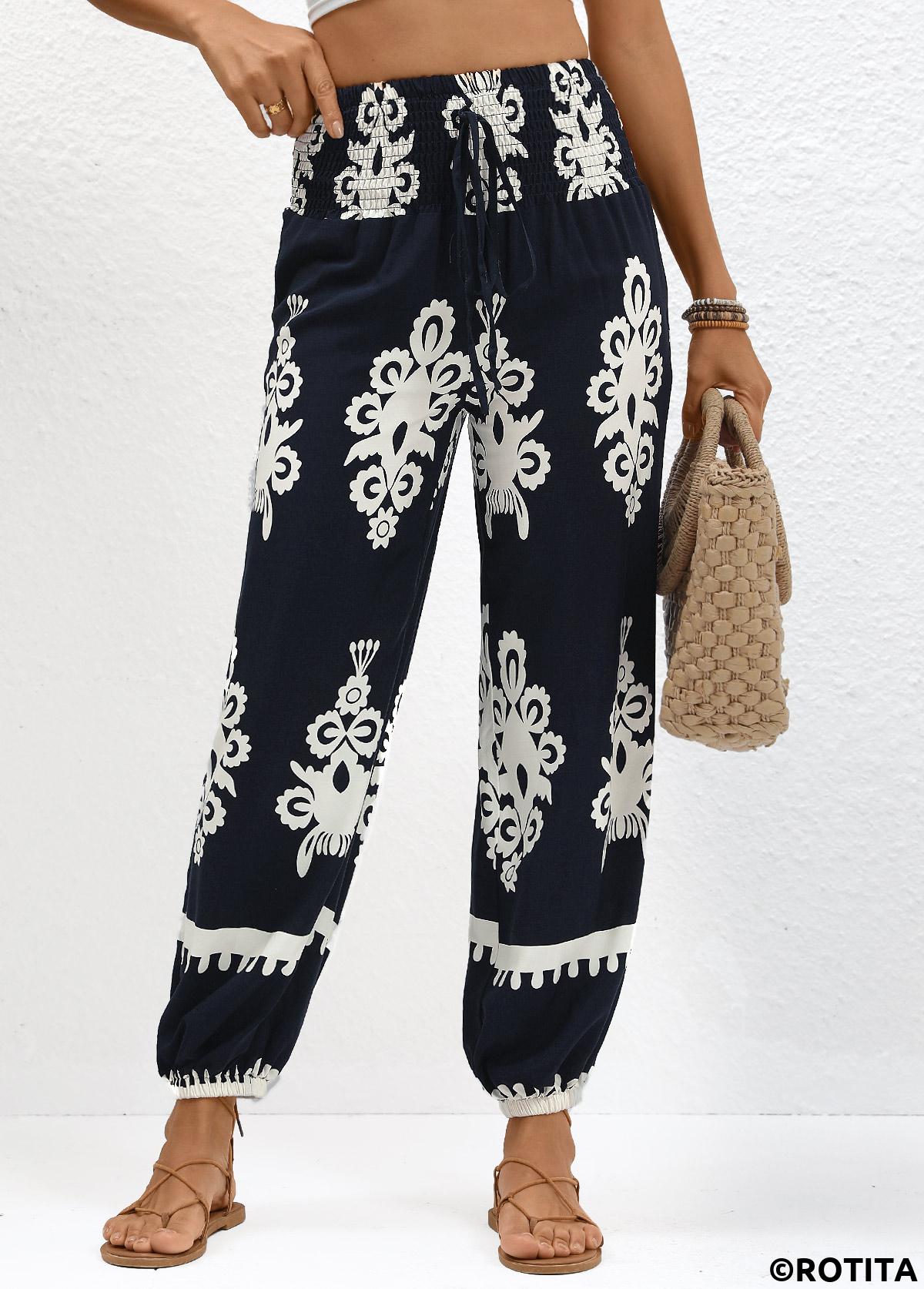 Navy bottoms,Tribal bottoms,Smocked Tribal Print Navy Jogger Elastic Waist Pants