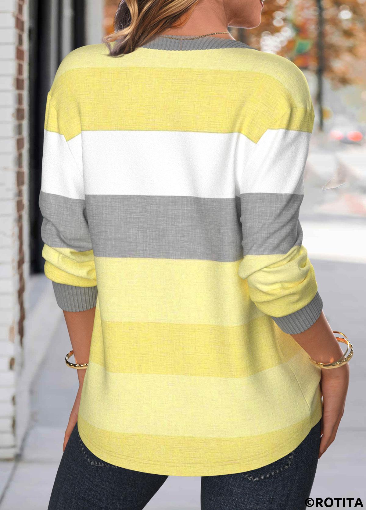 Light Yellow tops,Striped tops,Geometric tops,ROTITA Patchwork Striped Light Yellow Split Neck Long Sleeve Sweatshirt