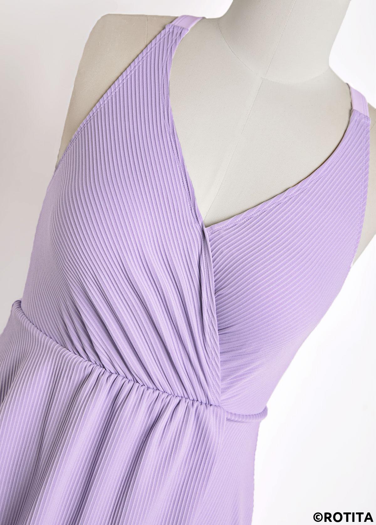 Light Purple swimwear,Plain Color swimwear,ROTITA Criss Cross Light Purple Surplice One Piece Swimdress