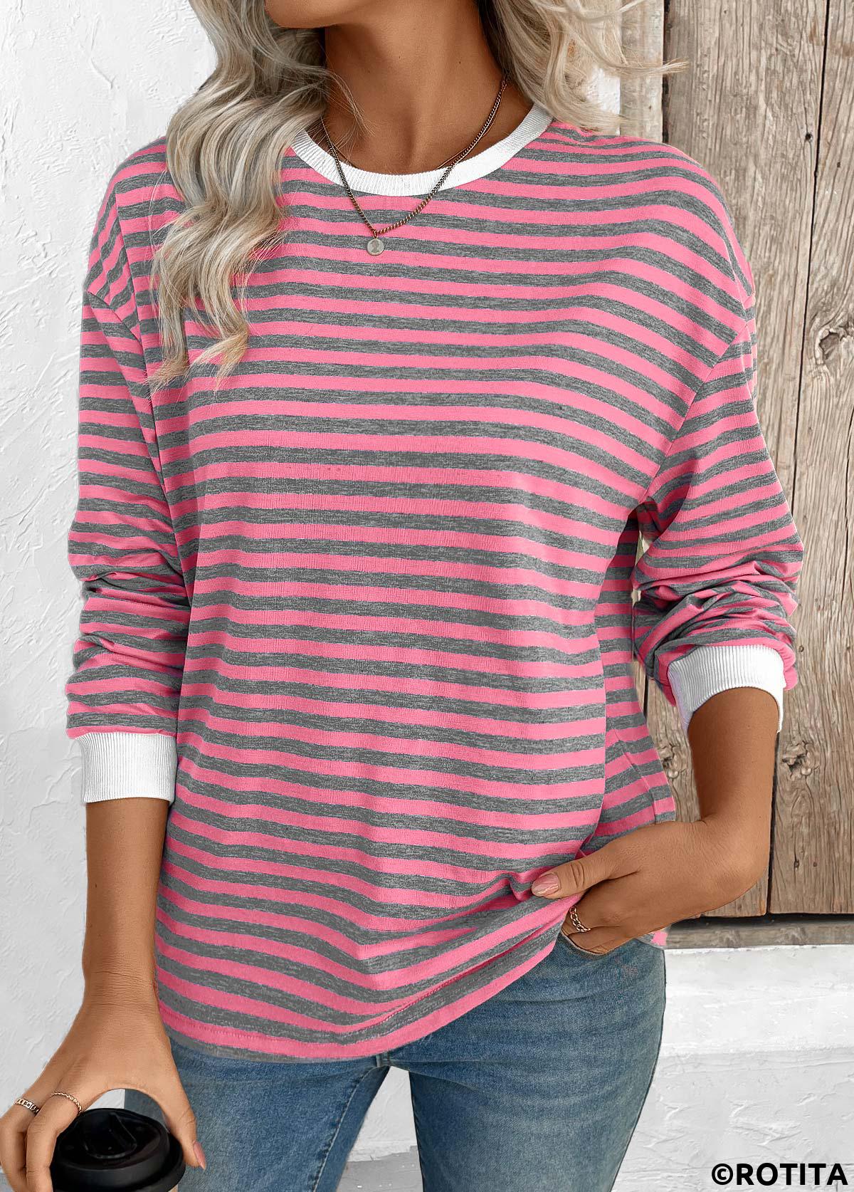 Pink tops,Striped tops,Geometric tops,ROTITA Striped Pink Round Neck Long Sleeve T Shirt